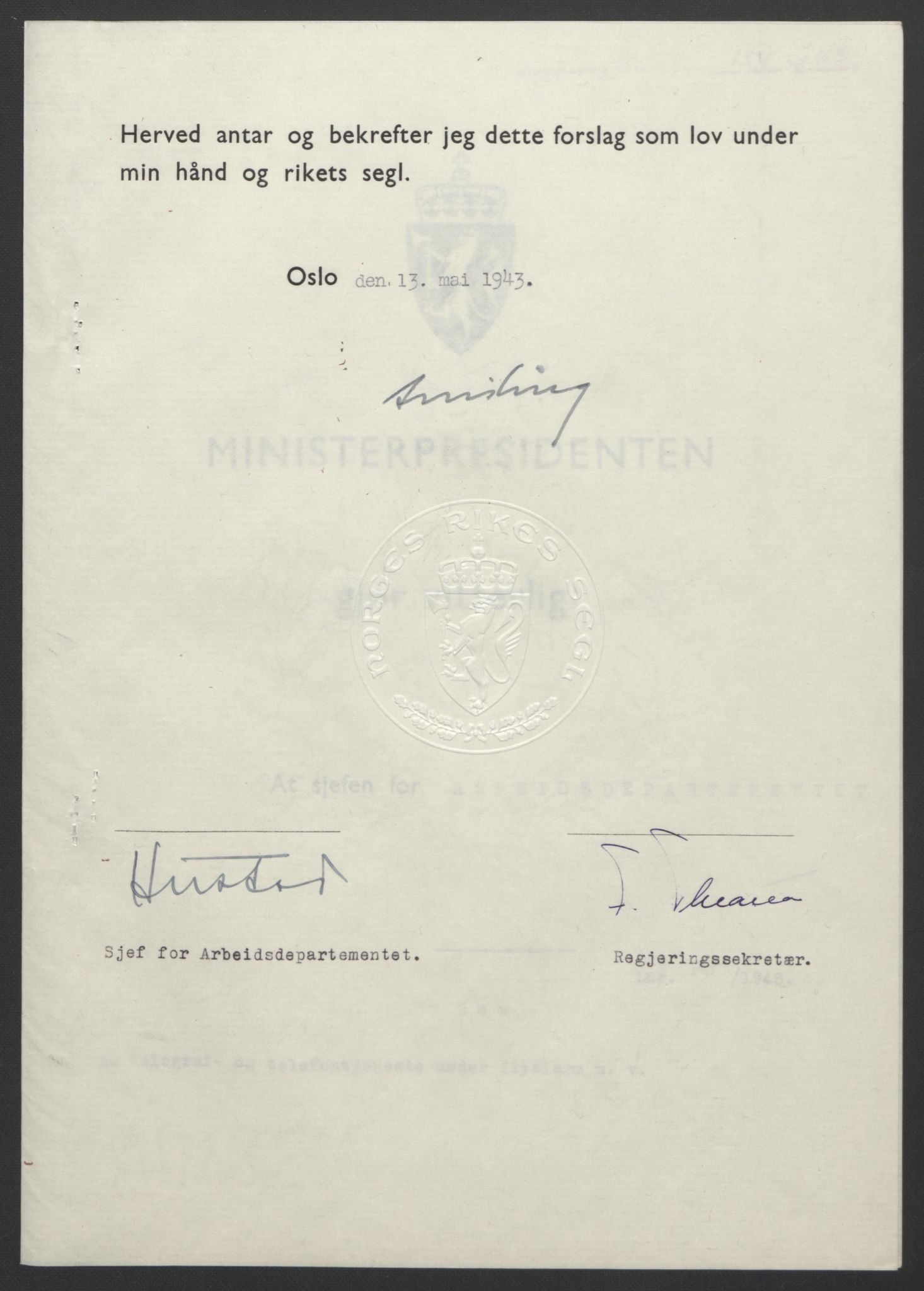 NS-administrasjonen 1940-1945 (Statsrådsekretariatet, de kommisariske statsråder mm), RA/S-4279/D/Db/L0099: Lover, 1943, p. 348