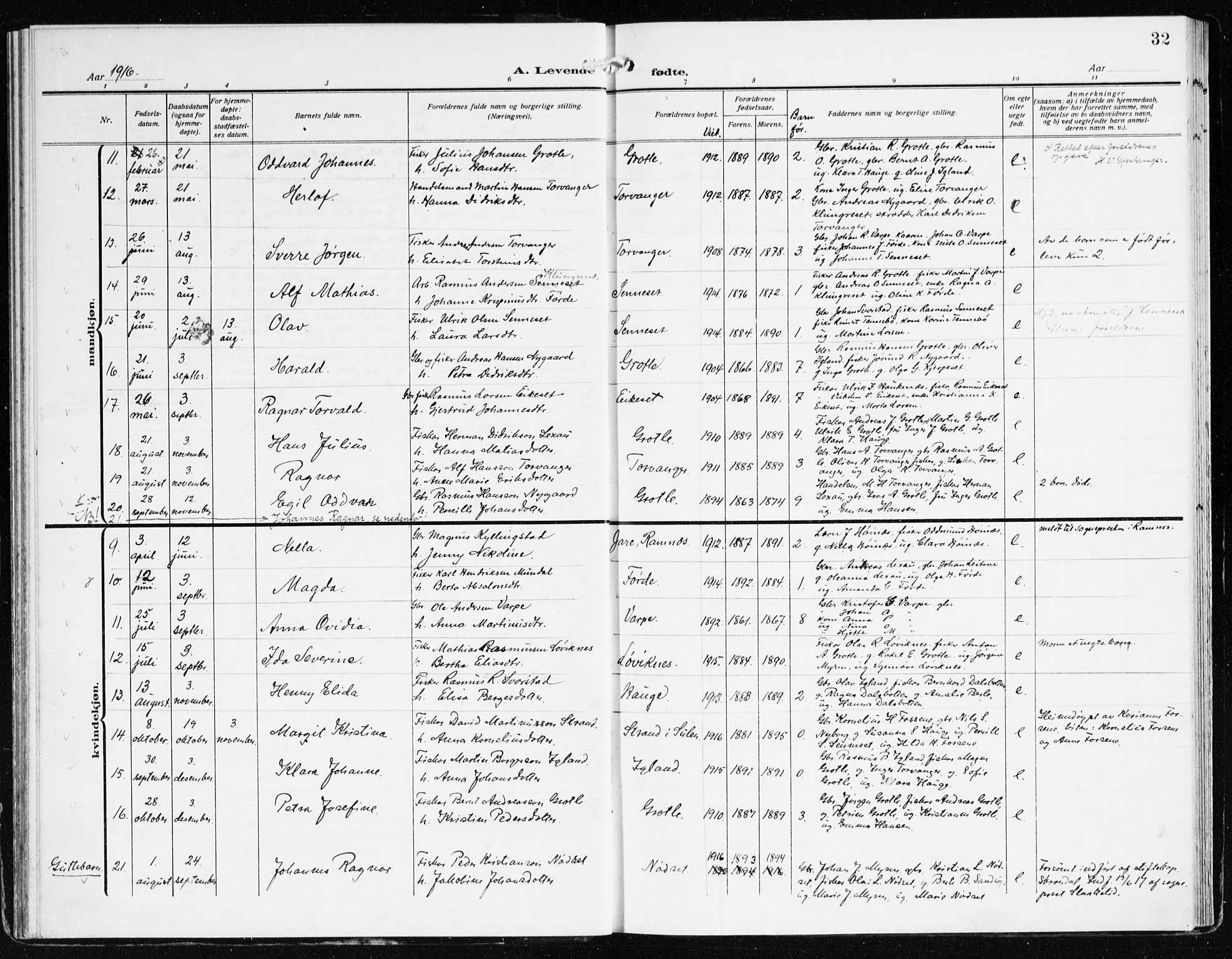 Bremanger sokneprestembete, AV/SAB-A-82201/H/Haa/Haac/L0001: Parish register (official) no. C 1, 1908-1921, p. 32