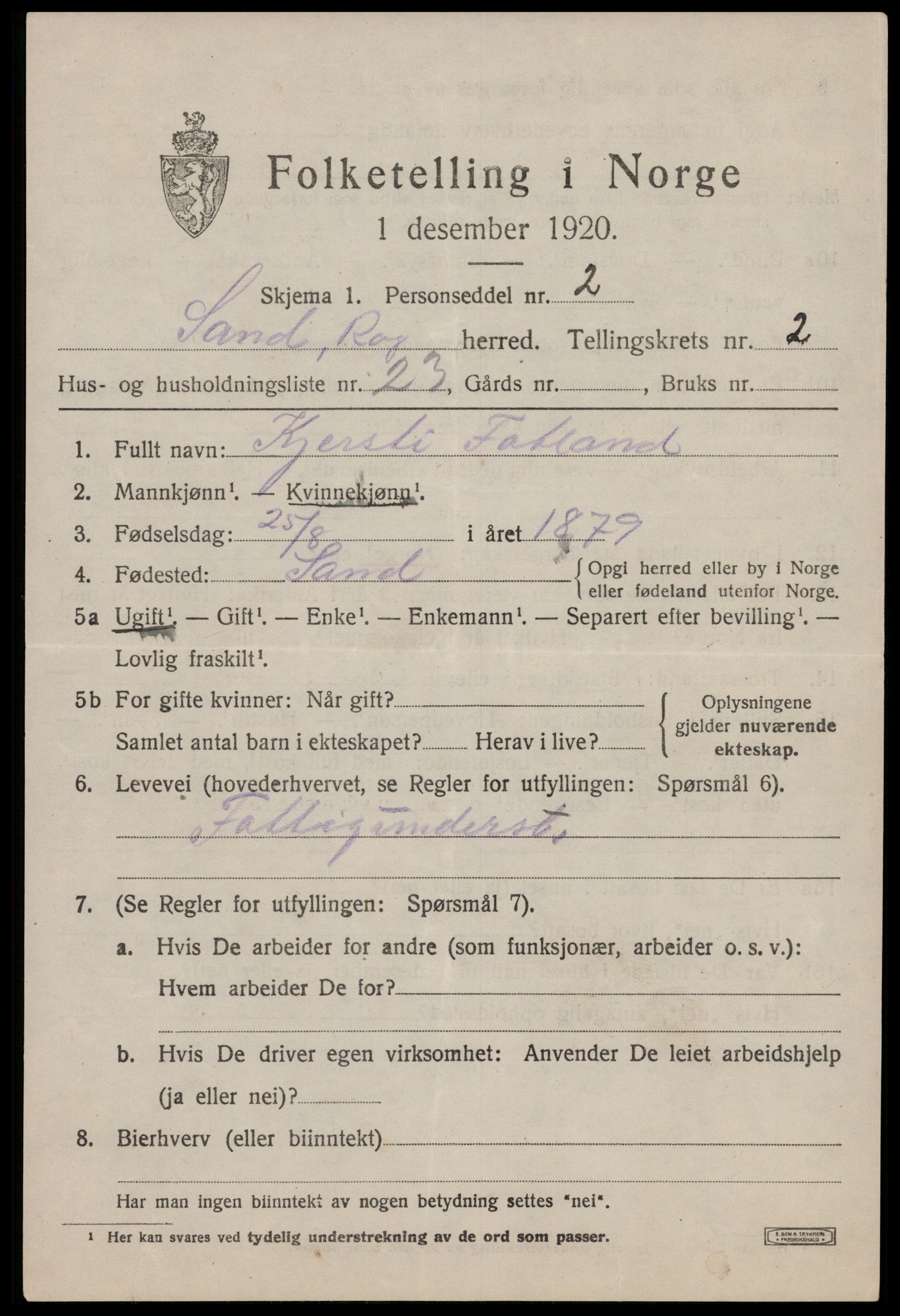 SAST, 1920 census for Sand, 1920, p. 1053