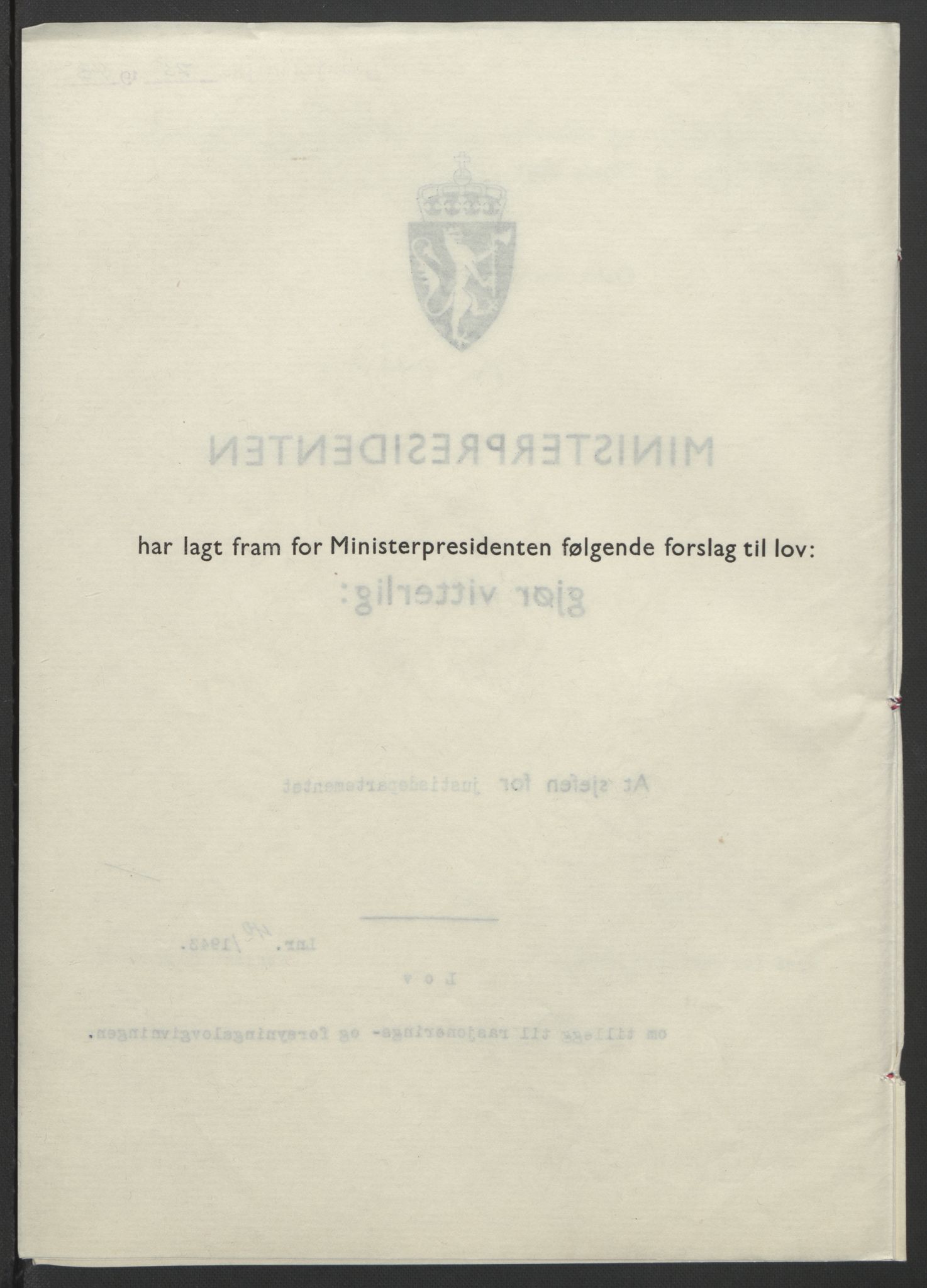 NS-administrasjonen 1940-1945 (Statsrådsekretariatet, de kommisariske statsråder mm), AV/RA-S-4279/D/Db/L0099: Lover, 1943, p. 175