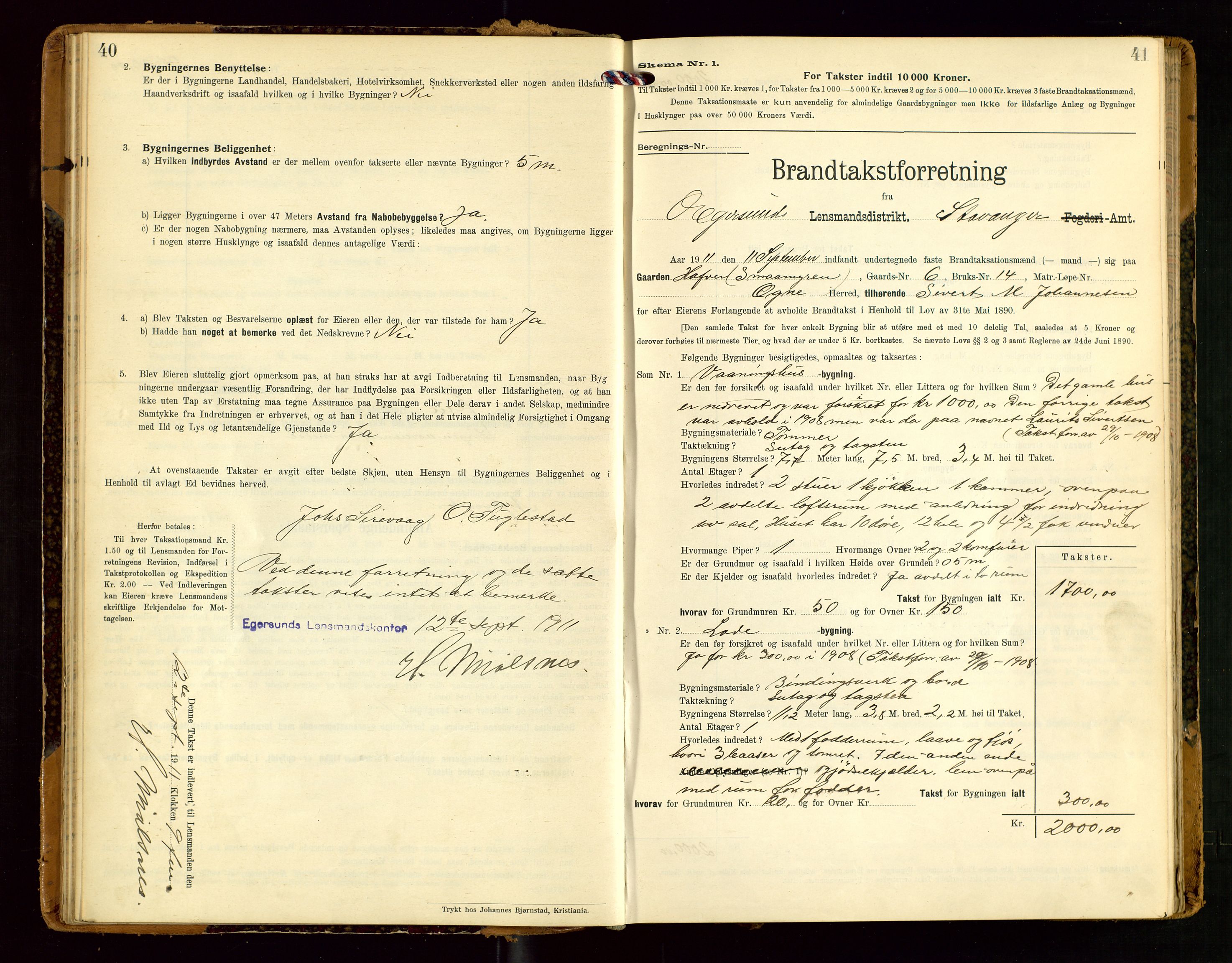 Eigersund lensmannskontor, SAST/A-100171/Gob/L0002: "Brandtakstprotokol", 1910-1916, p. 40-41