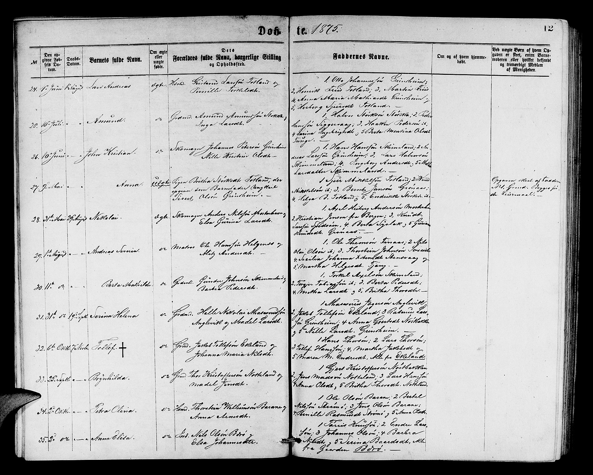 Finnås sokneprestembete, SAB/A-99925/H/Ha/Hab/Haba/L0002: Parish register (copy) no. A 2, 1873-1882, p. 12
