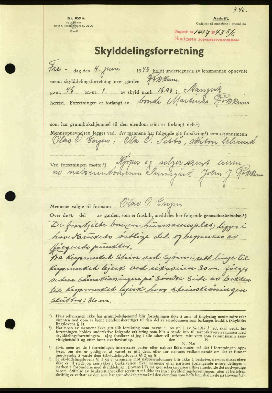 Nordmøre sorenskriveri, AV/SAT-A-4132/1/2/2Ca: Mortgage book no. A95, 1943-1943, Diary no: : 1417/1943