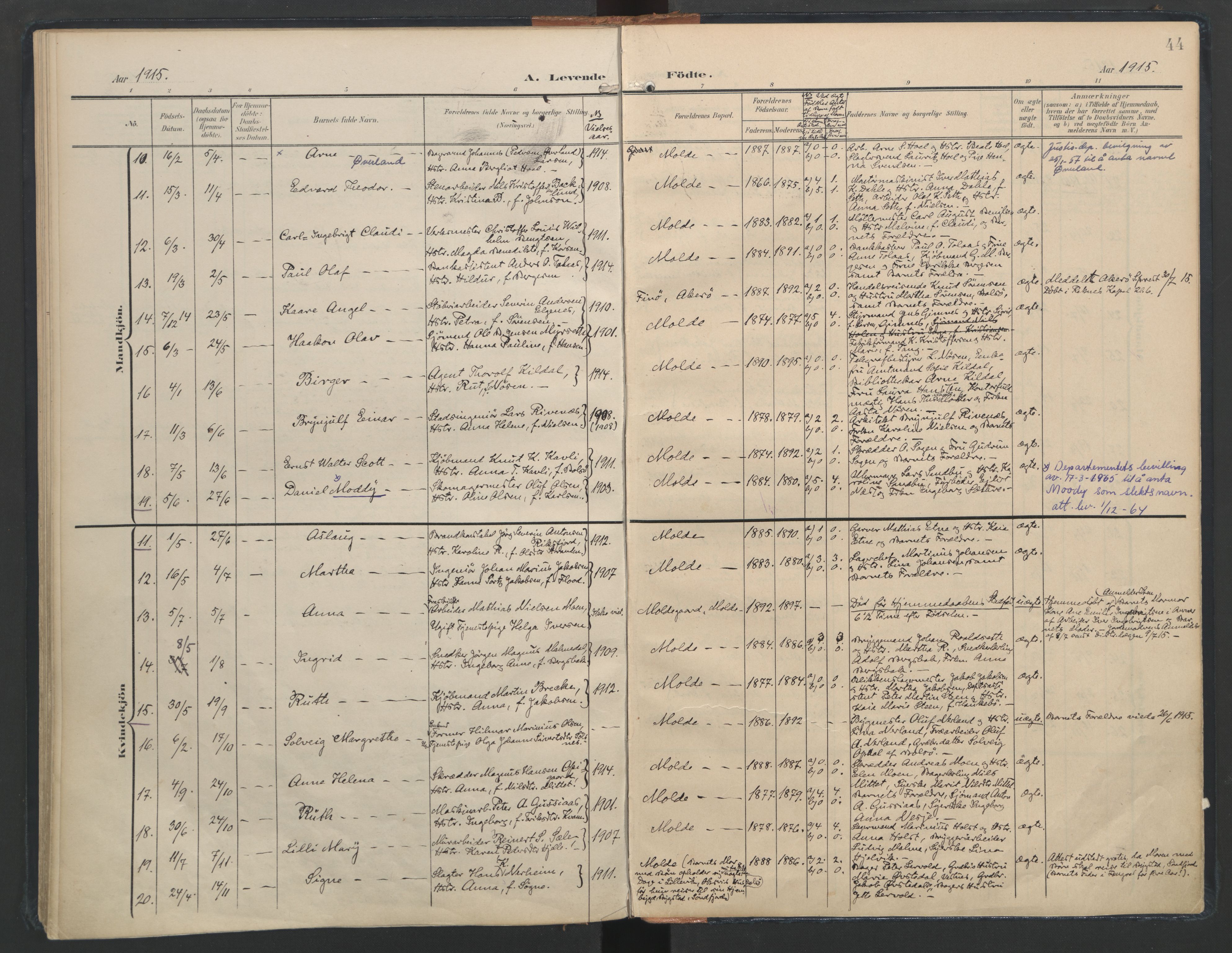 Ministerialprotokoller, klokkerbøker og fødselsregistre - Møre og Romsdal, AV/SAT-A-1454/558/L0693: Parish register (official) no. 558A07, 1903-1917, p. 44