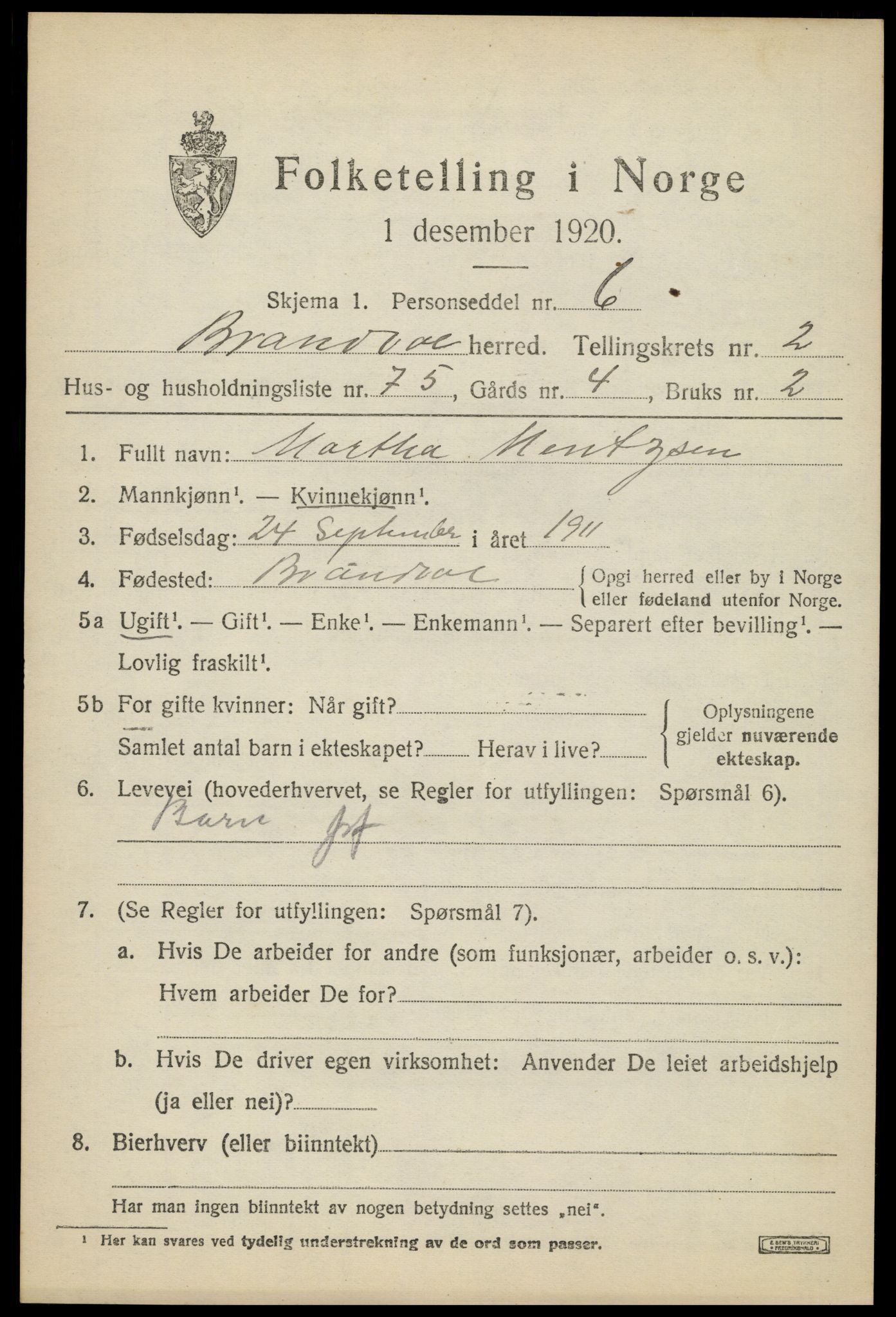 SAH, 1920 census for Brandval, 1920, p. 2990