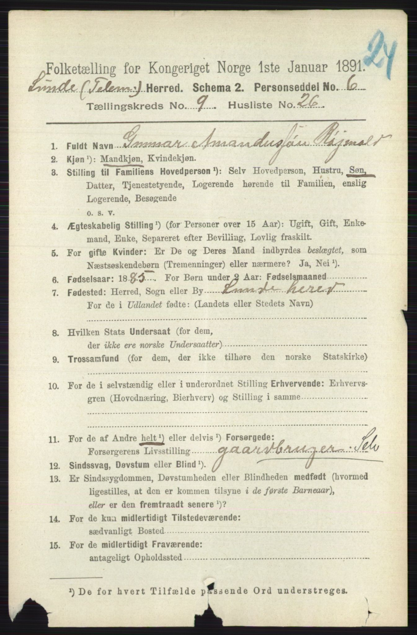 RA, 1891 census for 0820 Lunde, 1891, p. 2843