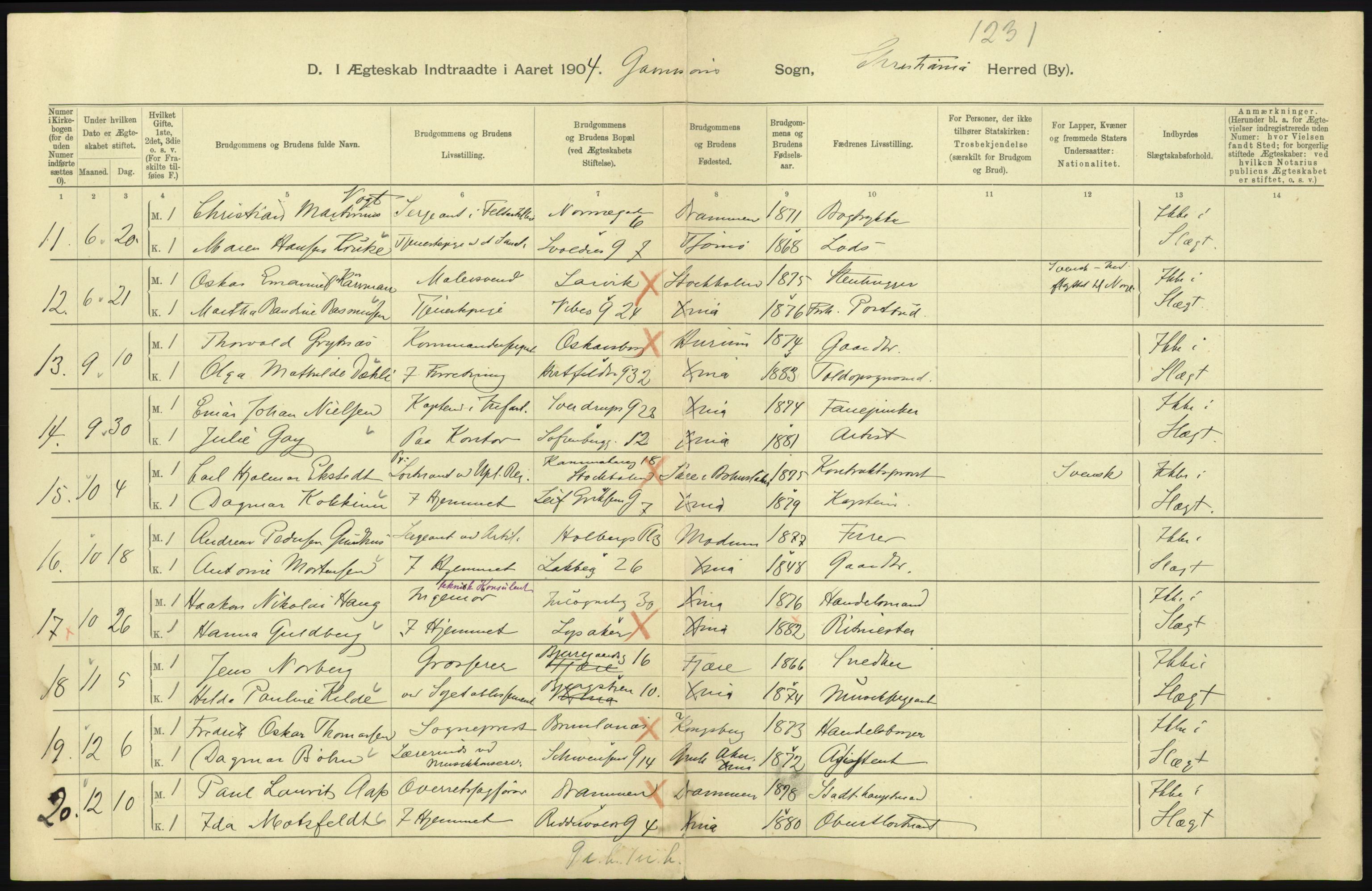 Statistisk sentralbyrå, Sosiodemografiske emner, Befolkning, RA/S-2228/D/Df/Dfa/Dfab/L0004: Kristiania: Gifte, døde, 1904, p. 49