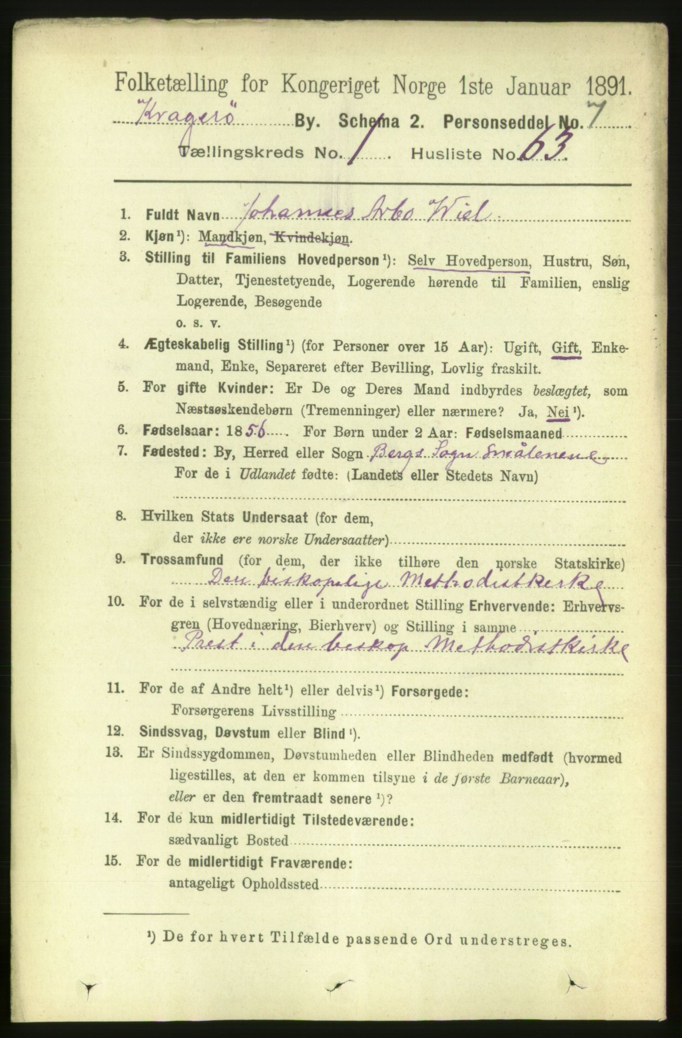 RA, 1891 census for 0801 Kragerø, 1891, p. 2207