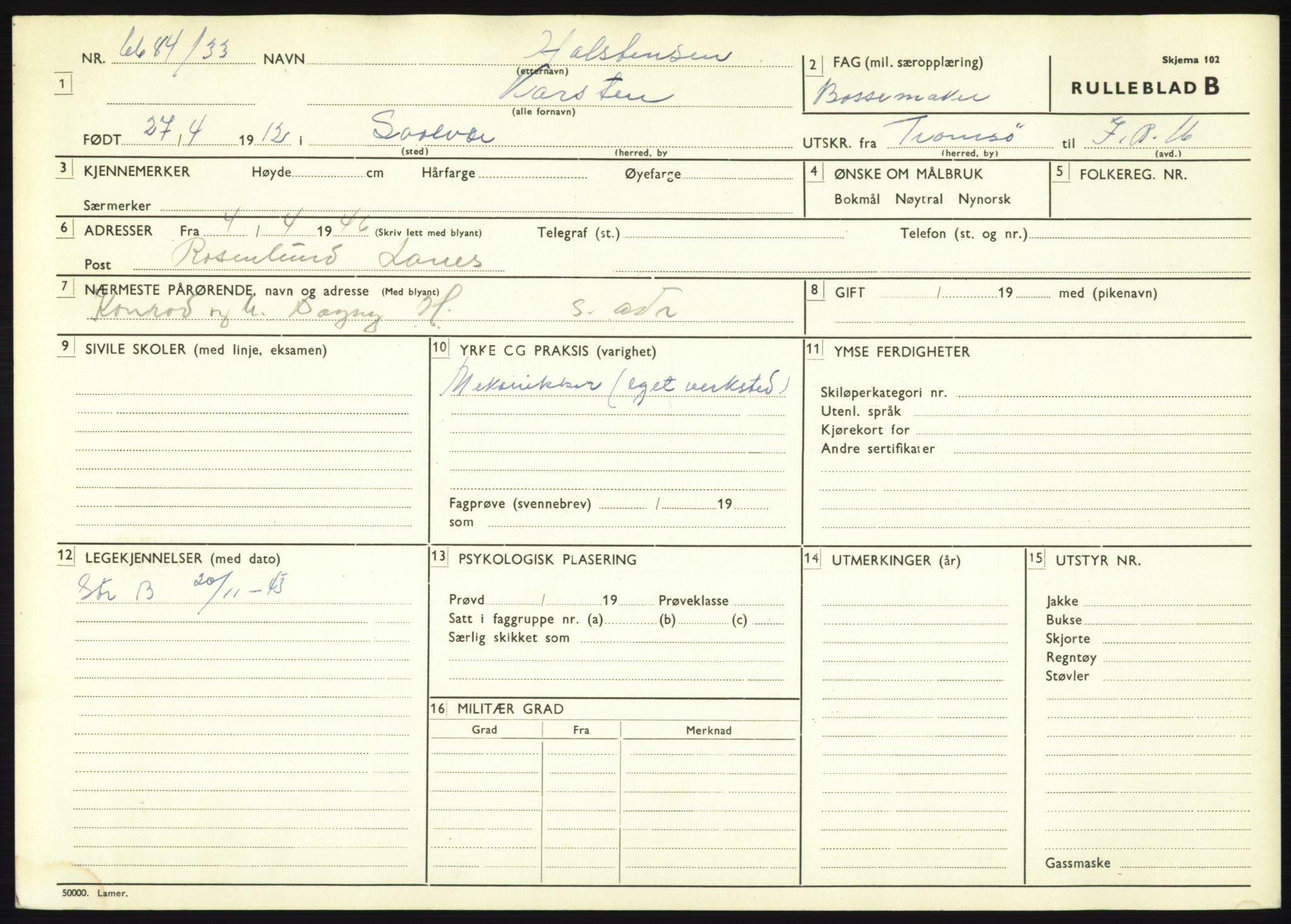 Forsvaret, Troms infanteriregiment nr. 16, AV/RA-RAFA-3146/P/Pa/L0017: Rulleblad for regimentets menige mannskaper, årsklasse 1933, 1933, p. 369