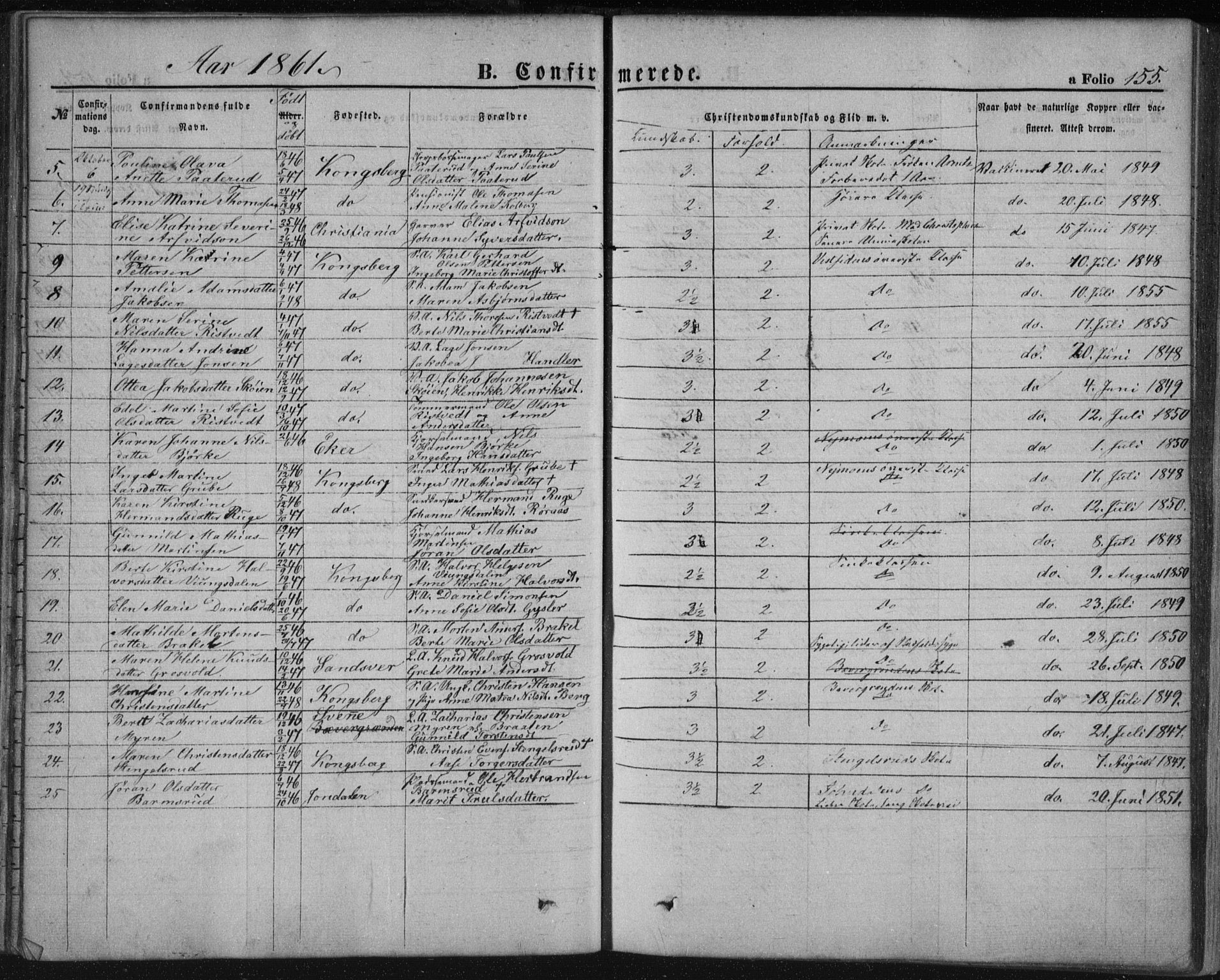 Kongsberg kirkebøker, SAKO/A-22/F/Fa/L0010: Parish register (official) no. I 10, 1859-1875, p. 155