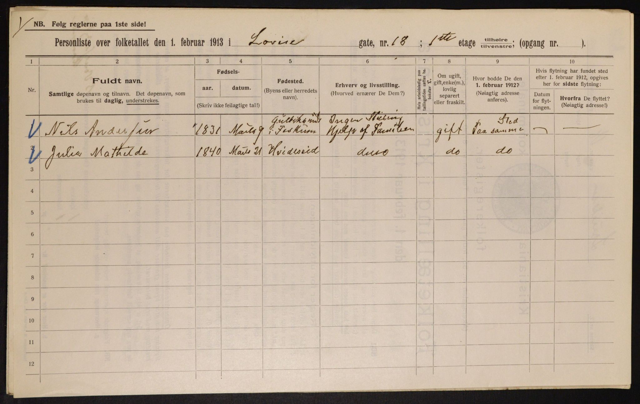 OBA, Municipal Census 1913 for Kristiania, 1913, p. 58183