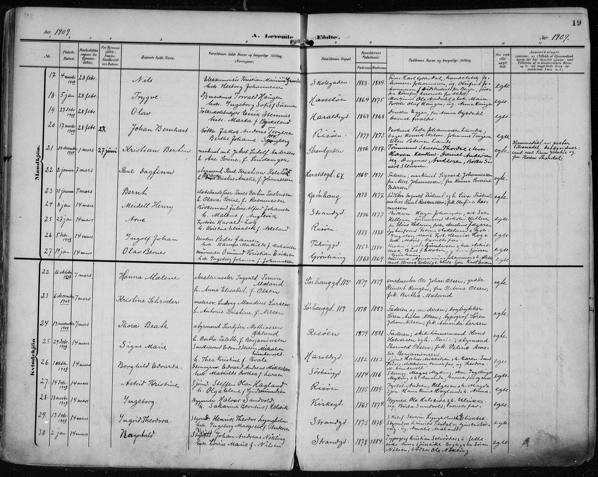 Haugesund sokneprestkontor, AV/SAST-A -101863/H/Ha/Haa/L0008: Parish register (official) no. A 8, 1908-1921, p. 19