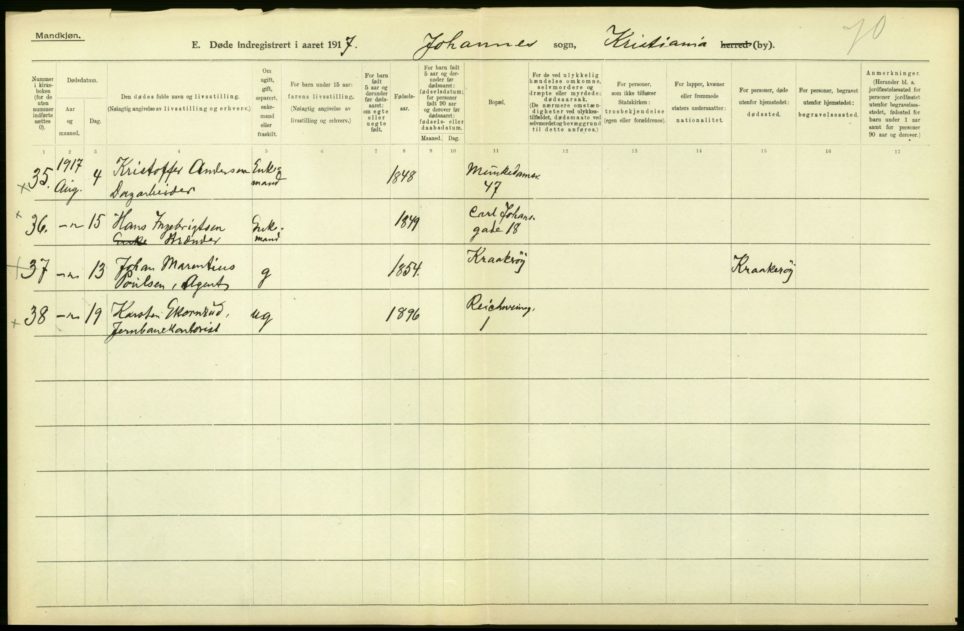 Statistisk sentralbyrå, Sosiodemografiske emner, Befolkning, AV/RA-S-2228/D/Df/Dfb/Dfbg/L0010: Kristiania: Døde, 1917, p. 500