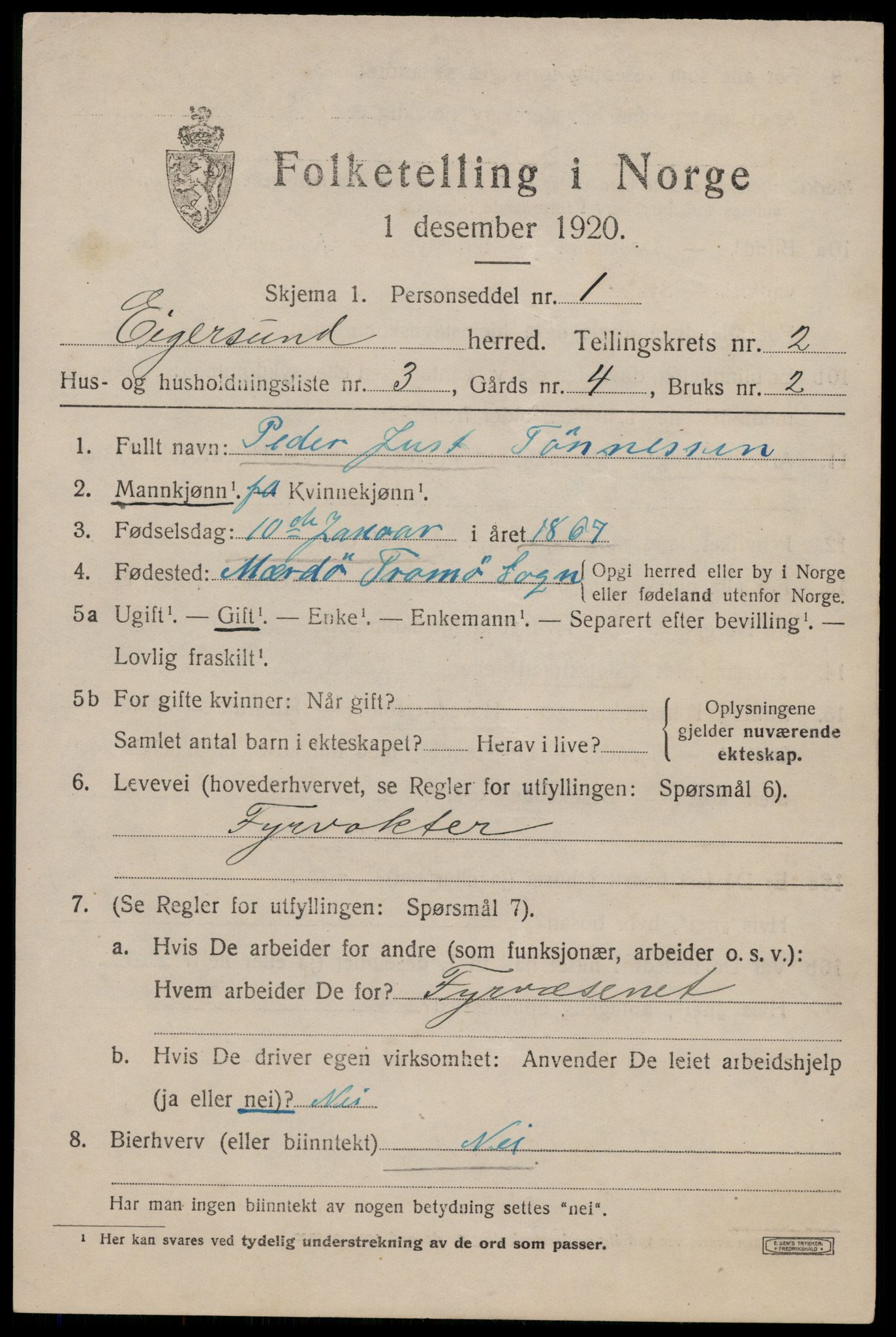 SAST, 1920 census for Eigersund, 1920, p. 1635