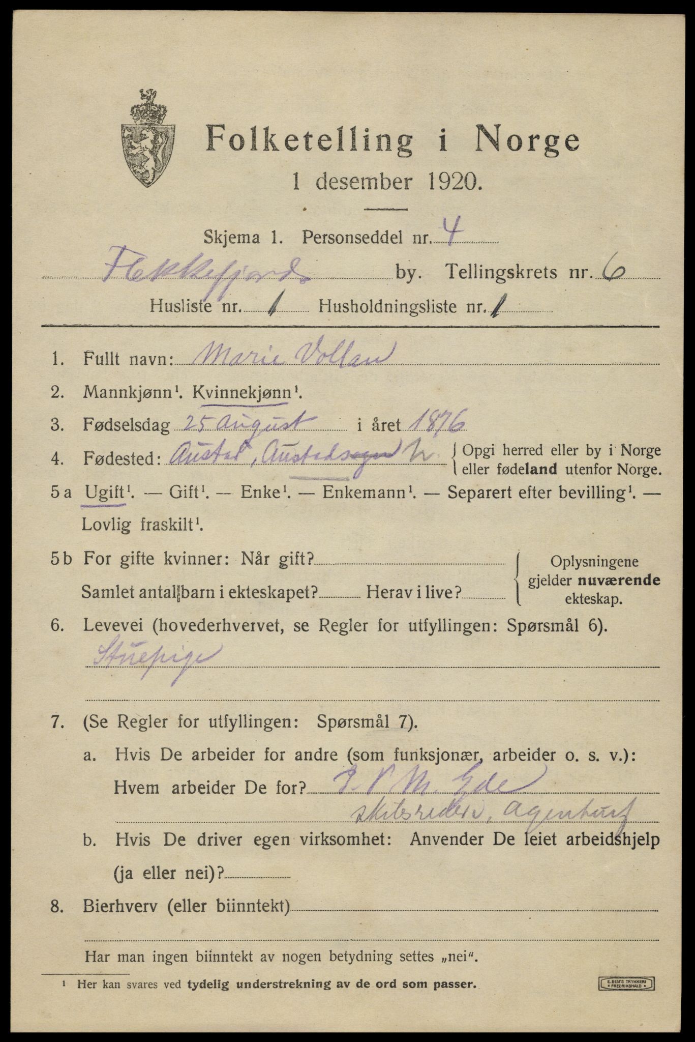 SAK, 1920 census for Flekkefjord, 1920, p. 5770