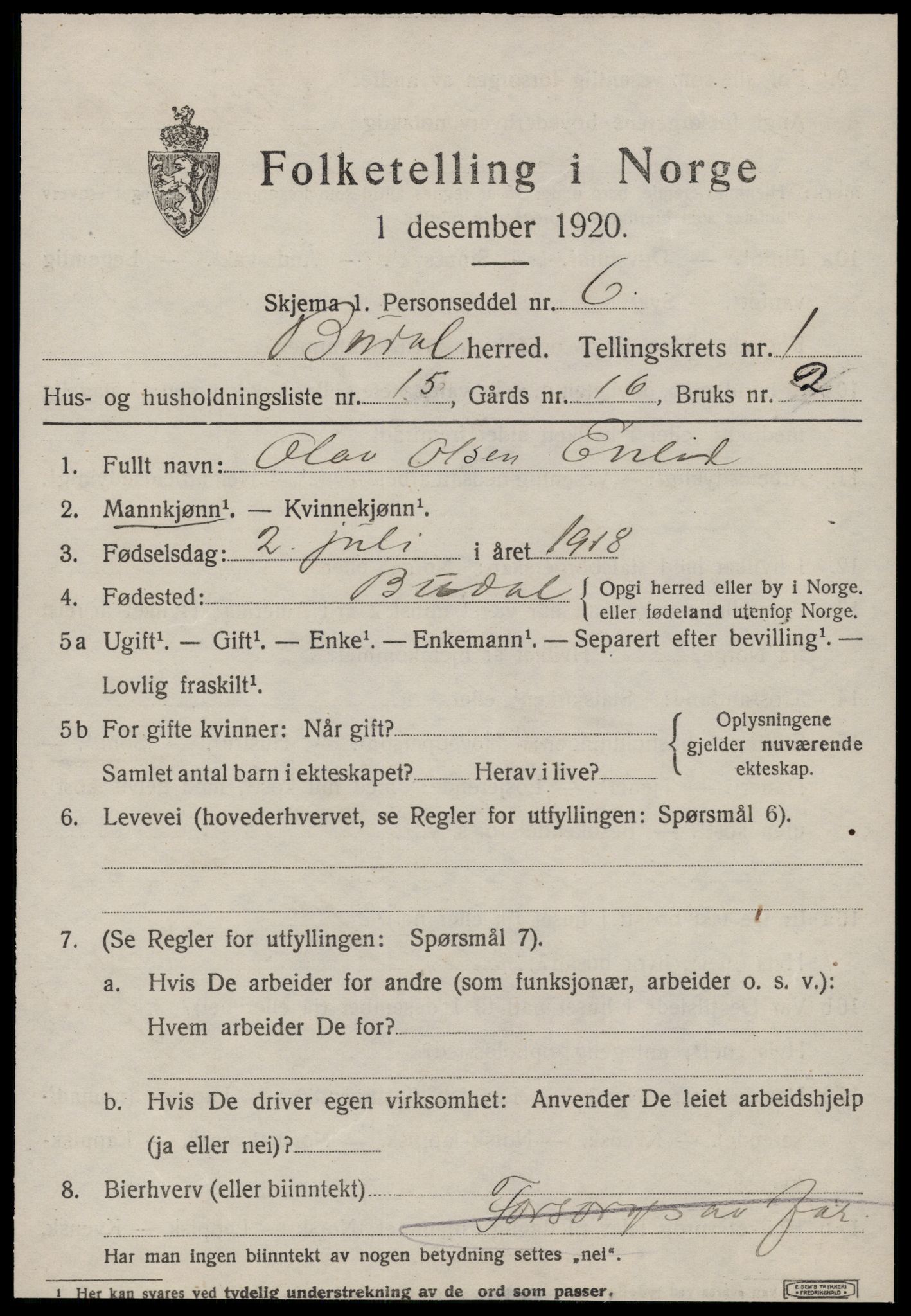 SAT, 1920 census for Budal, 1920, p. 388