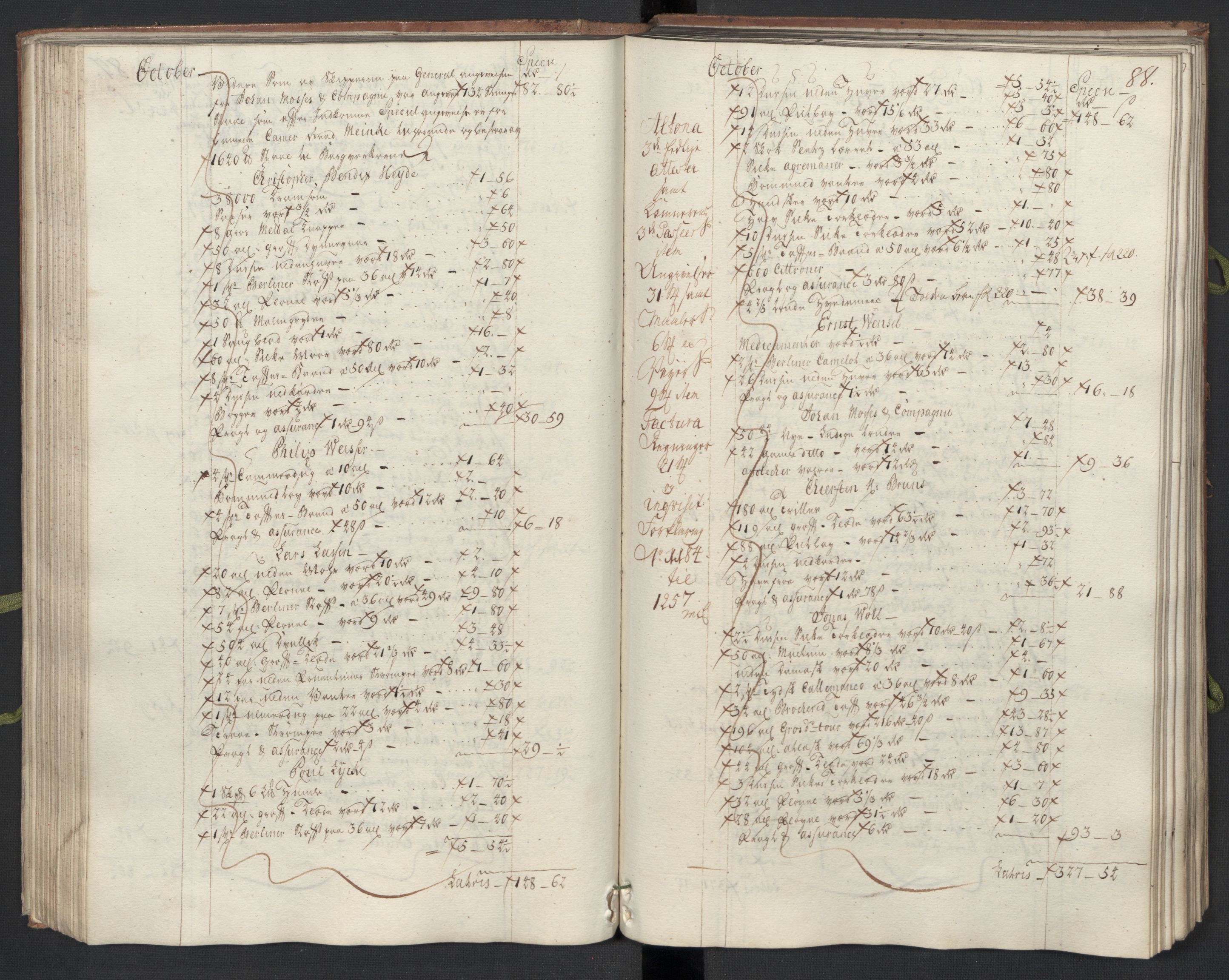 Generaltollkammeret, tollregnskaper, AV/RA-EA-5490/R33/L0074/0001: Tollregnskaper Trondheim A / Inngående hovedtollbok, 1762, p. 87b-88a