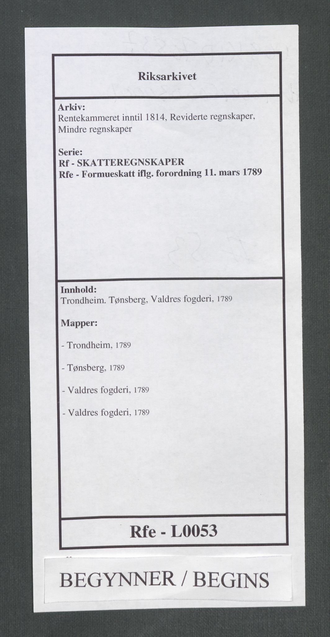 Rentekammeret inntil 1814, Reviderte regnskaper, Mindre regnskaper, AV/RA-EA-4068/Rf/Rfe/L0053: Trondheim. Tønsberg, Valdres fogderi, 1789, p. 1