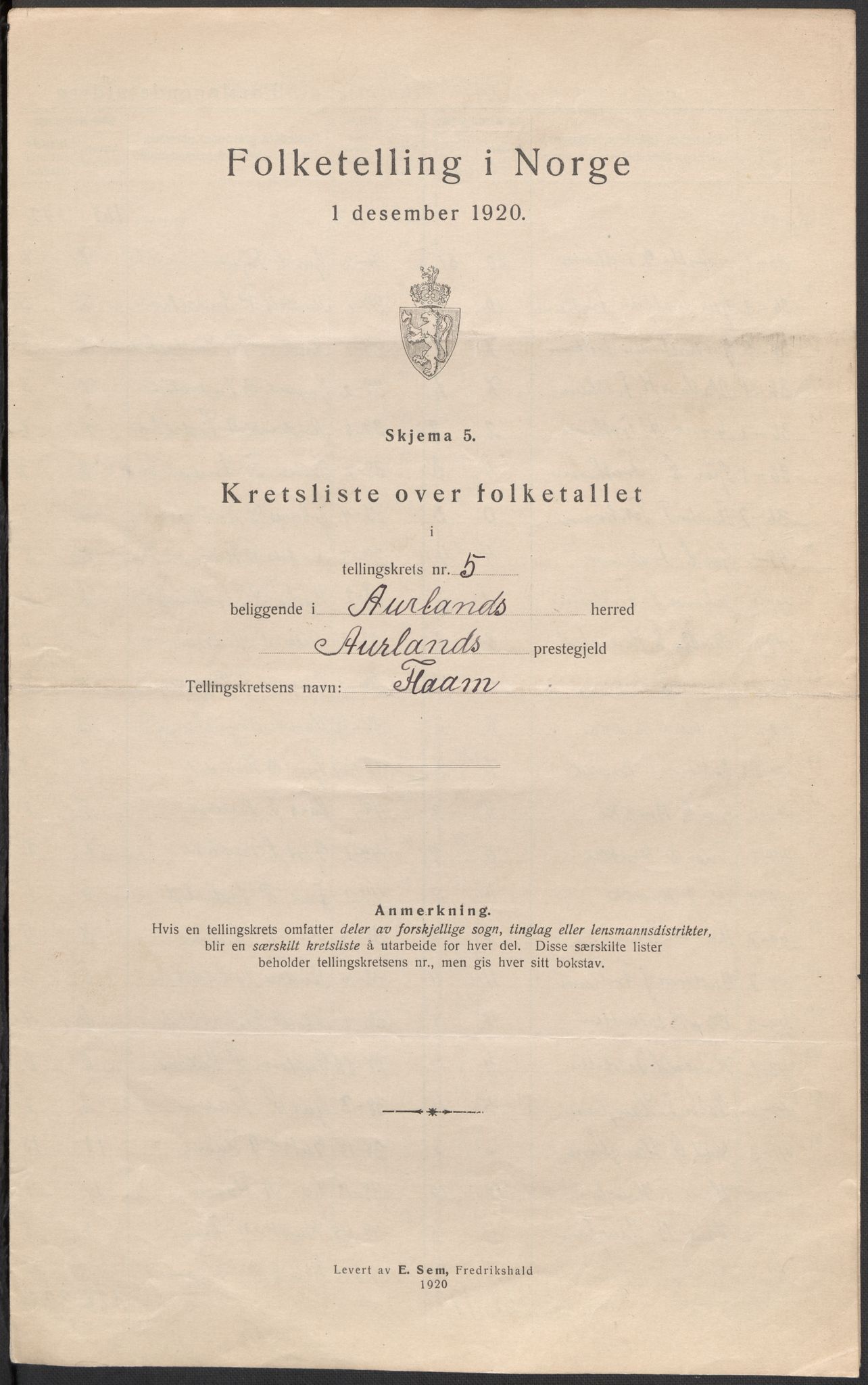 SAB, 1920 census for Aurland, 1920, p. 16