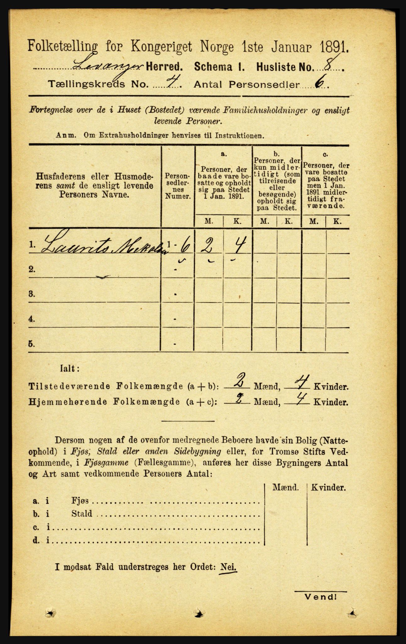 RA, 1891 census for 1720 Levanger, 1891, p. 2089