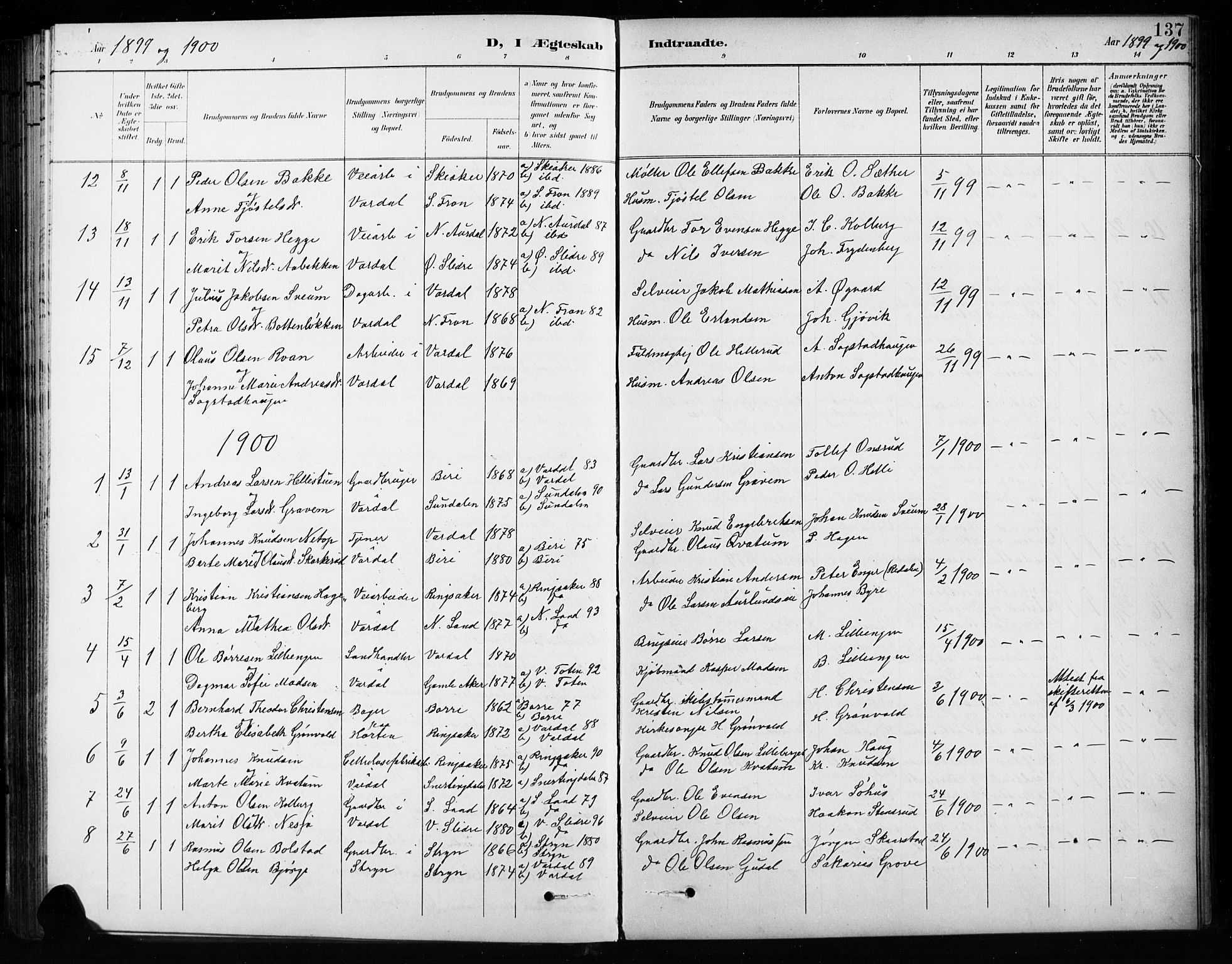 Vardal prestekontor, SAH/PREST-100/H/Ha/Hab/L0010: Parish register (copy) no. 10, 1895-1903, p. 137