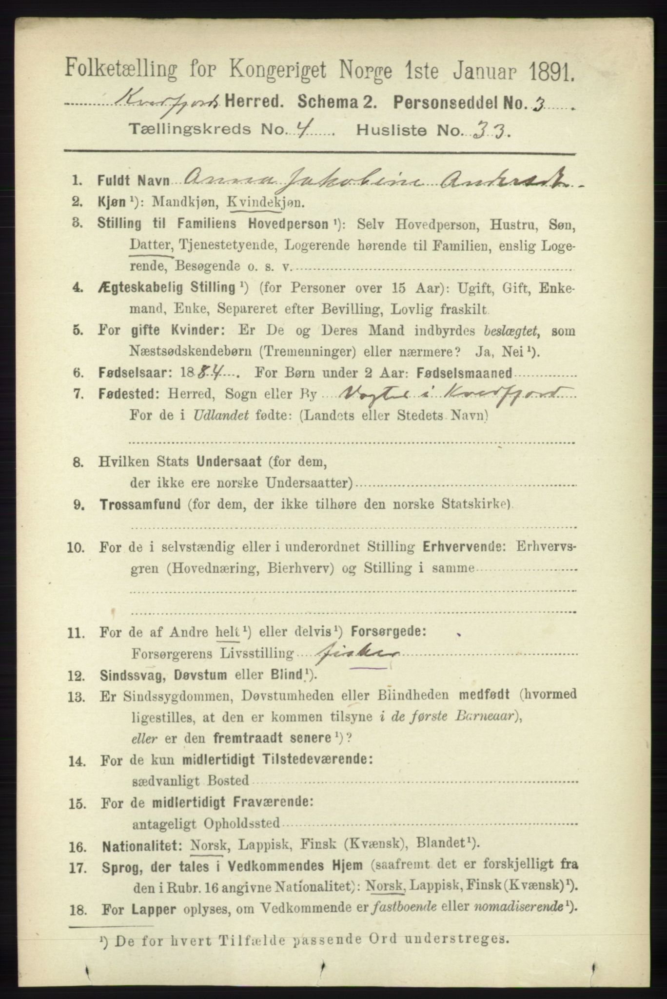 RA, 1891 census for 1911 Kvæfjord, 1891, p. 2114