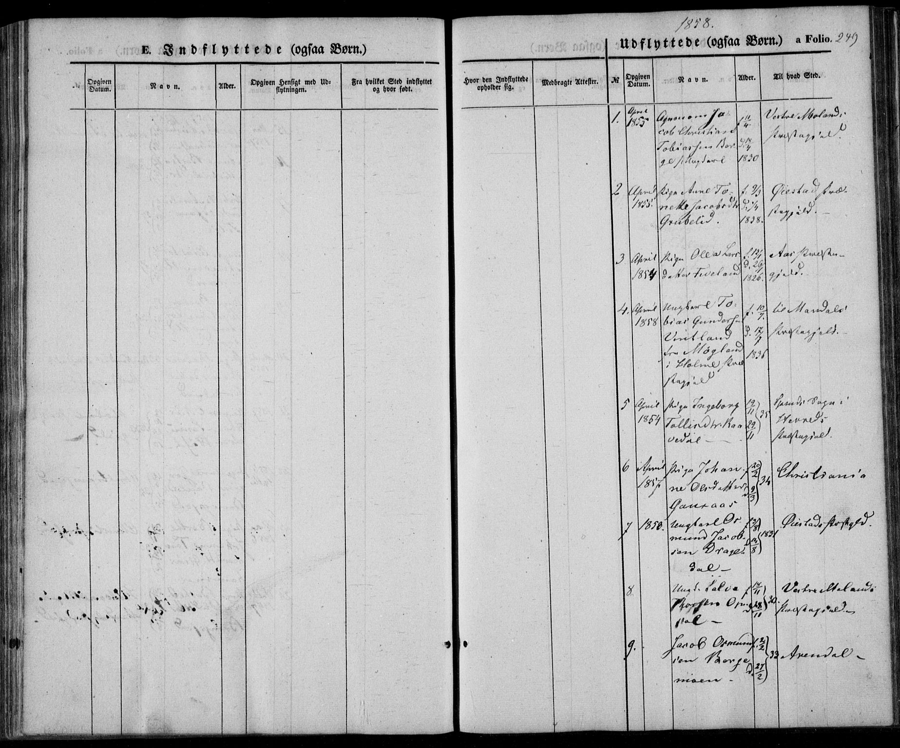 Lyngdal sokneprestkontor, SAK/1111-0029/F/Fa/Fac/L0009: Parish register (official) no. A 9, 1852-1864, p. 249