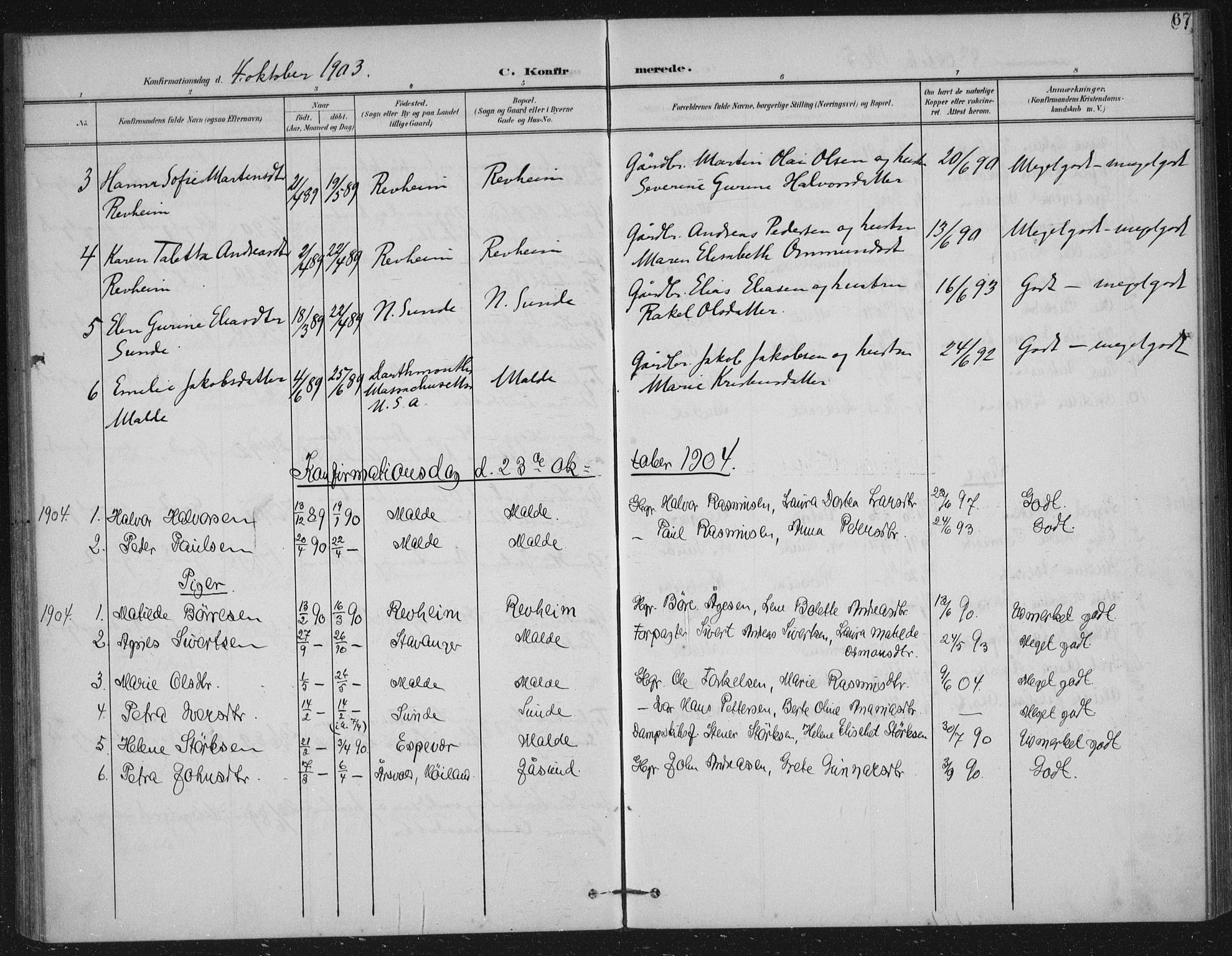 Håland sokneprestkontor, SAST/A-101802/002/B/L0001: Parish register (official) no. A 13, 1901-1923, p. 67