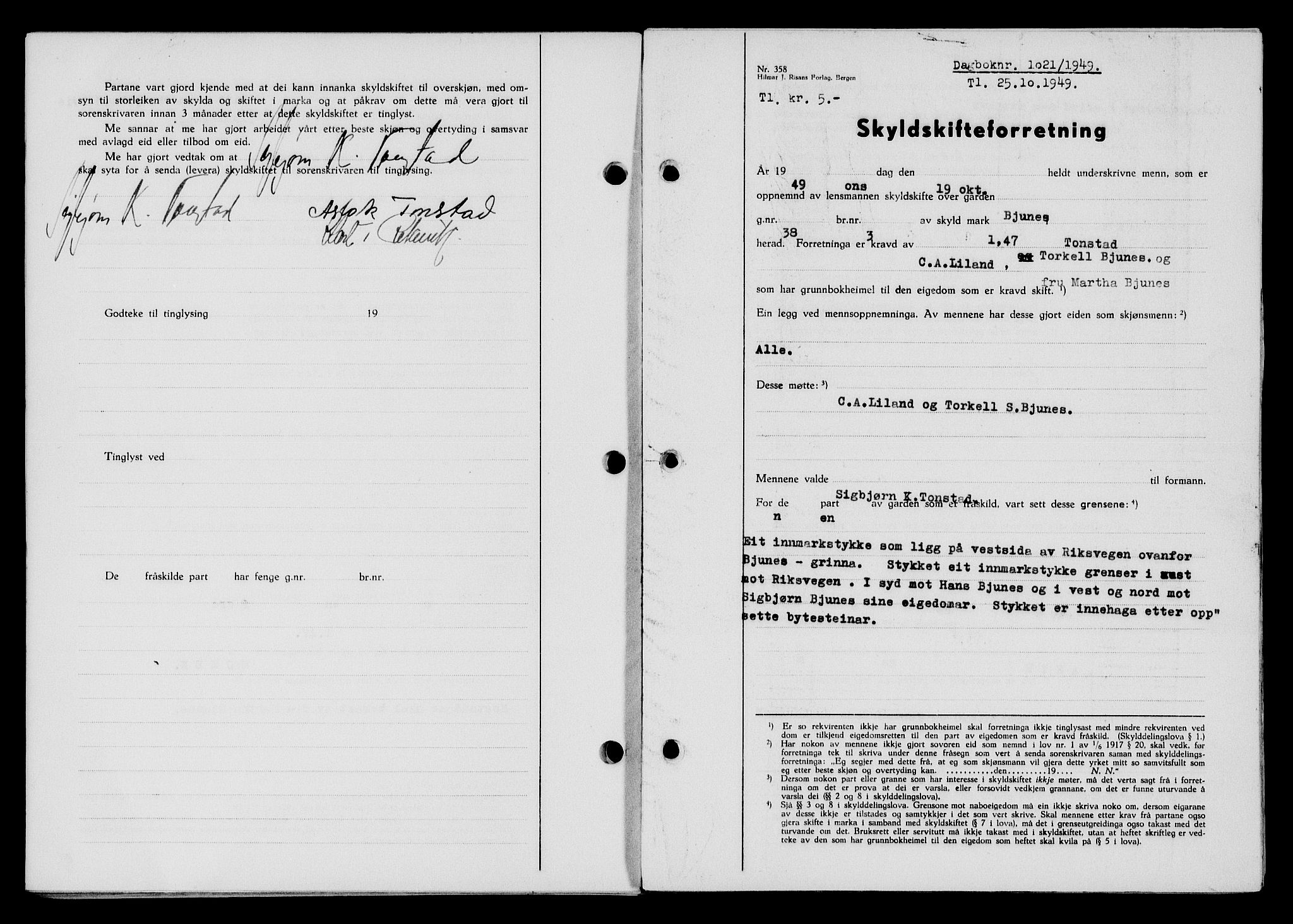 Flekkefjord sorenskriveri, SAK/1221-0001/G/Gb/Gba/L0065: Mortgage book no. A-13, 1949-1949, Diary no: : 1021/1949