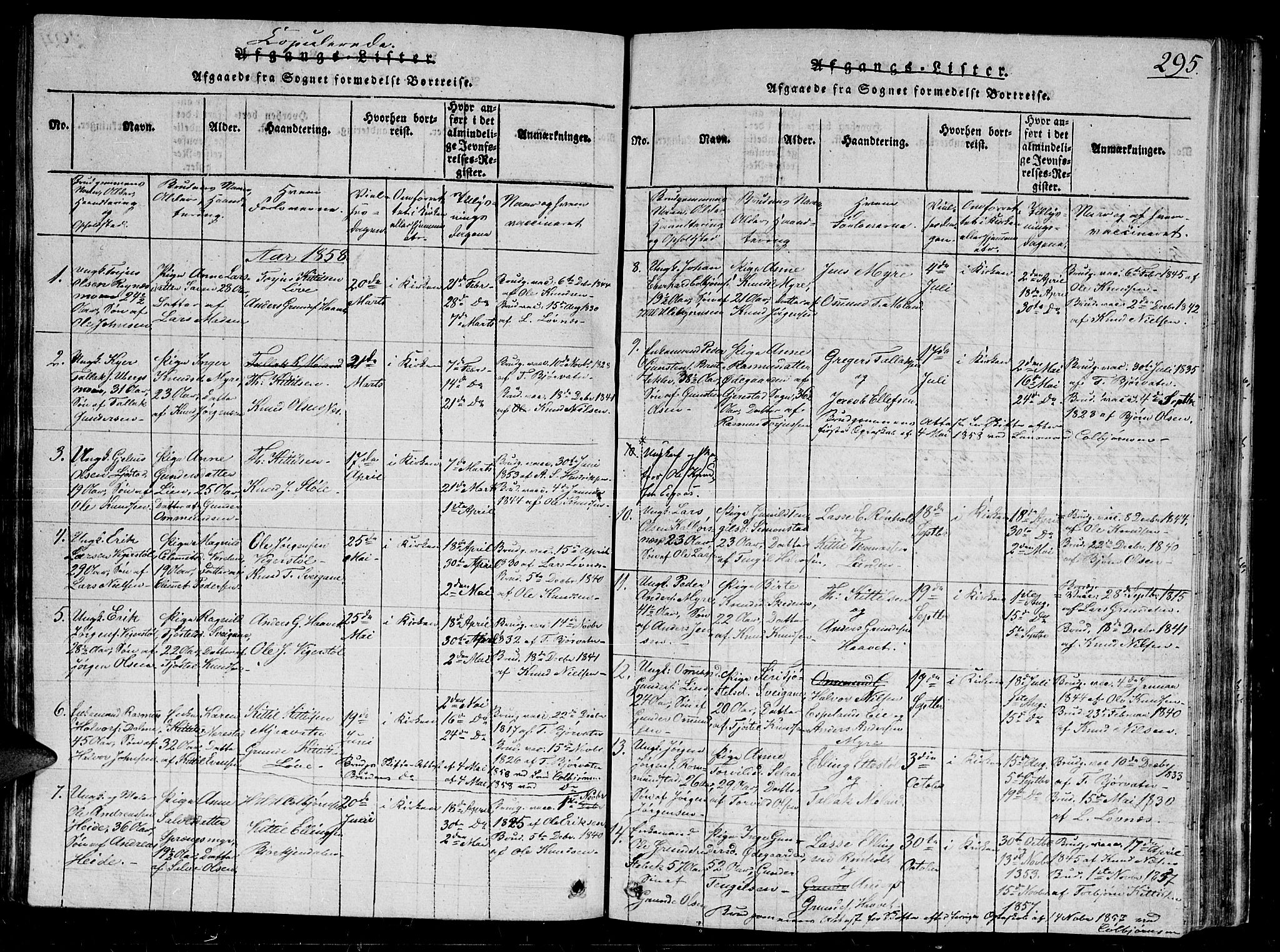 Gjerstad sokneprestkontor, SAK/1111-0014/F/Fb/Fbb/L0001: Parish register (copy) no. B 1, 1813-1863, p. 295