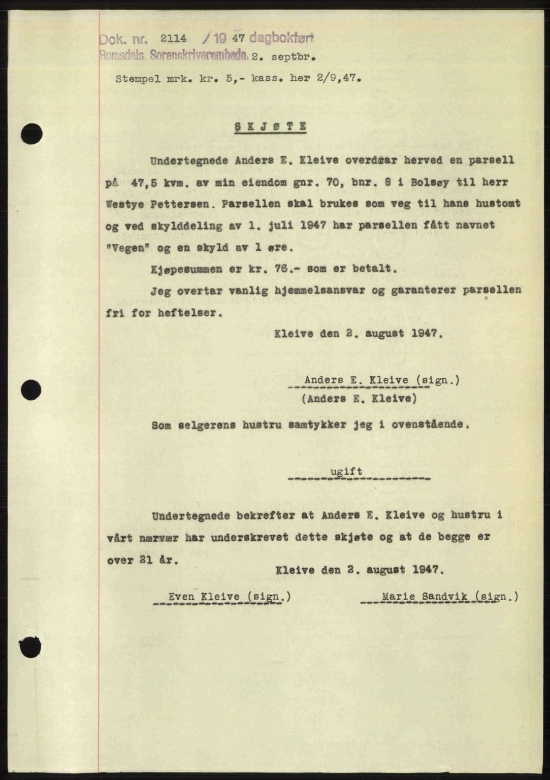 Romsdal sorenskriveri, AV/SAT-A-4149/1/2/2C: Mortgage book no. A23, 1947-1947, Diary no: : 2114/1947