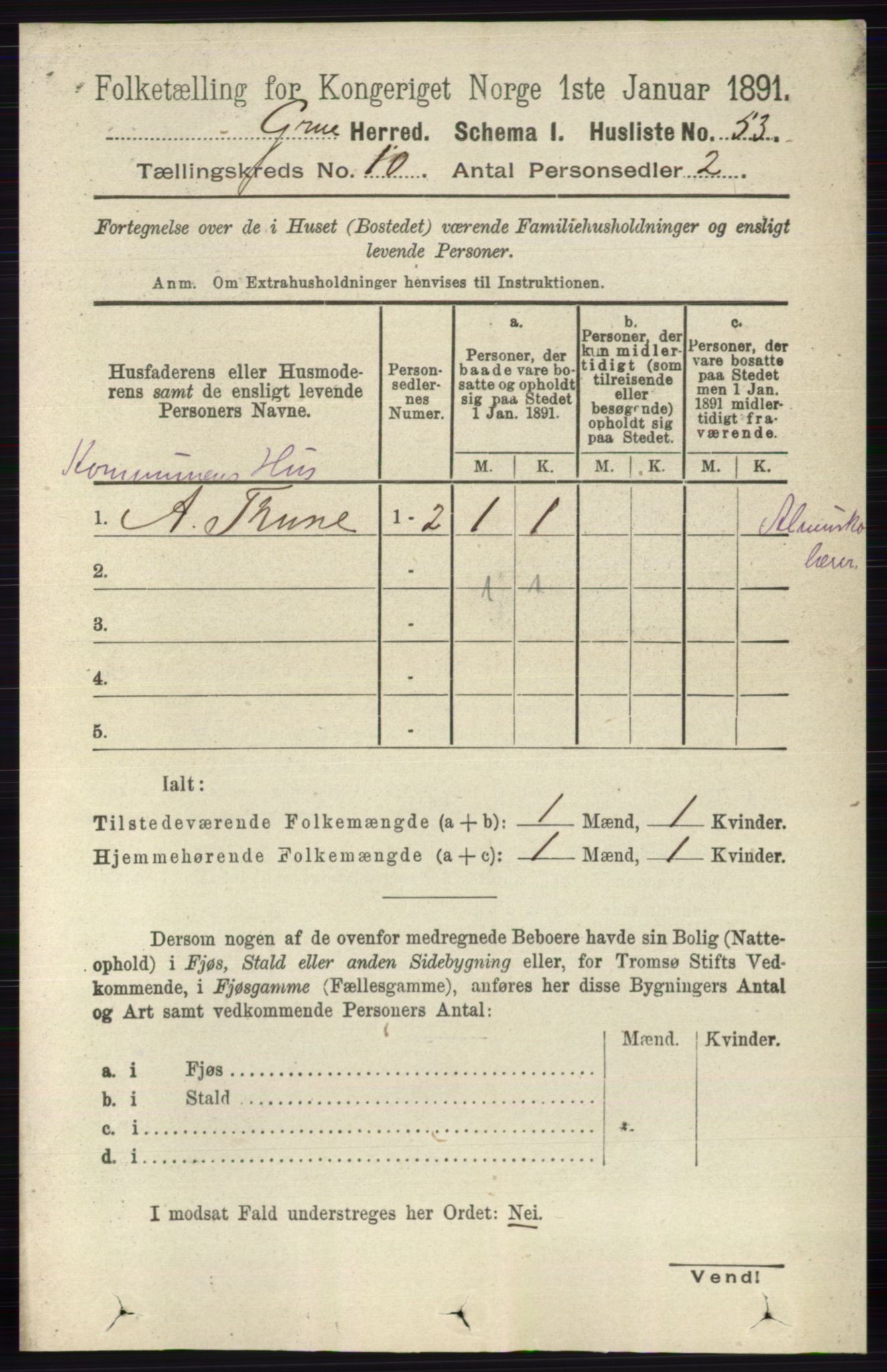 RA, 1891 census for 0423 Grue, 1891, p. 5344