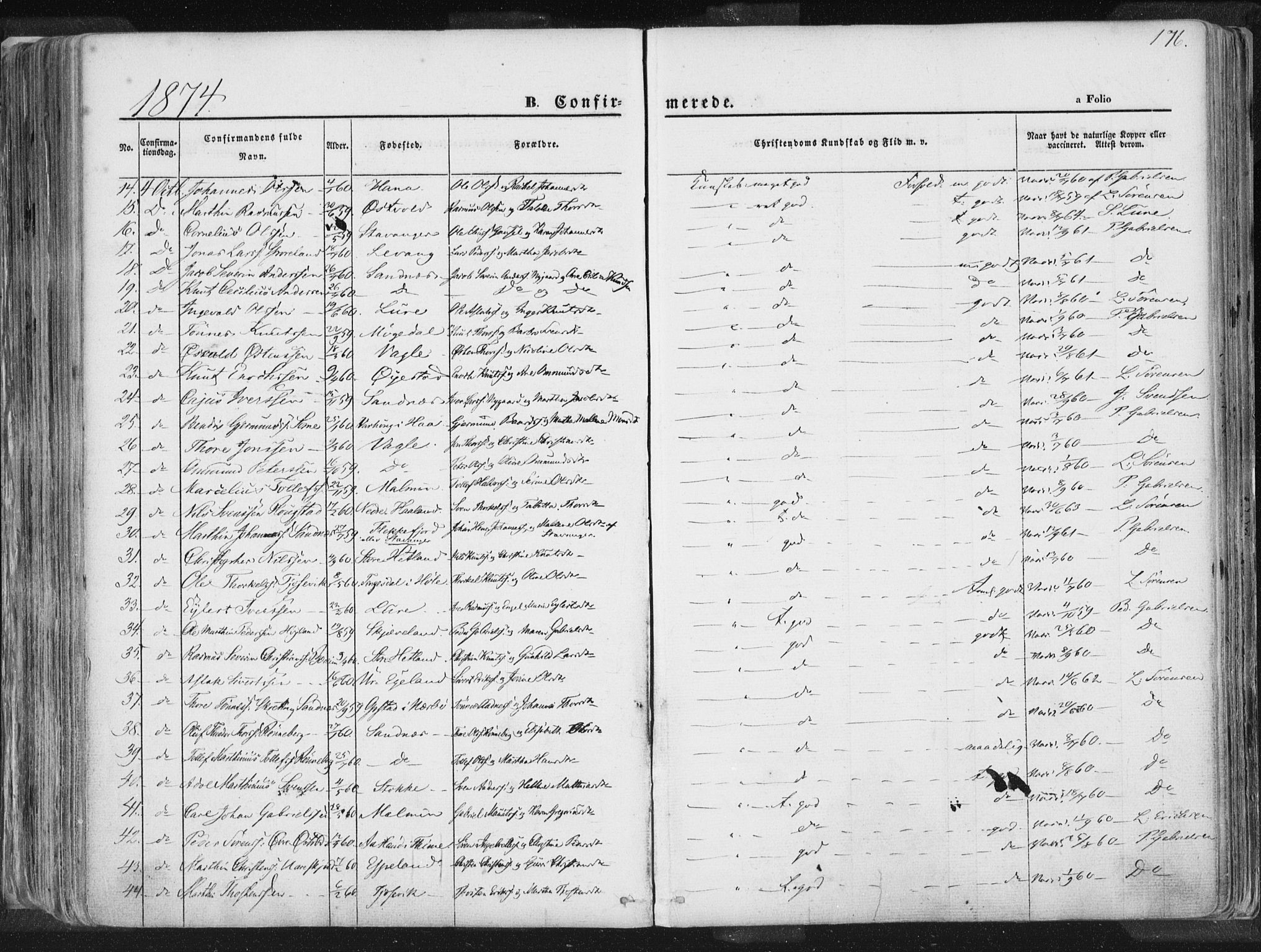 Høyland sokneprestkontor, SAST/A-101799/001/30BA/L0010: Parish register (official) no. A 9.1, 1857-1877, p. 176