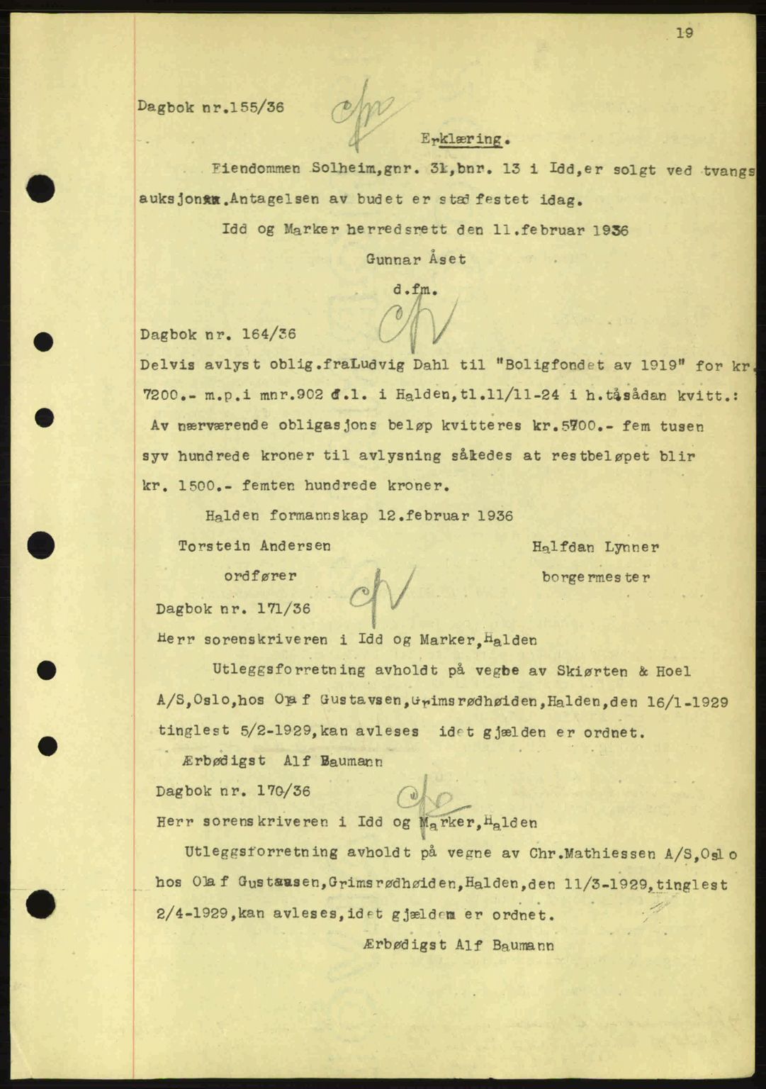 Idd og Marker sorenskriveri, AV/SAO-A-10283/G/Gb/Gbc/L0001: Mortgage book no. B1-3, 1936-1939, Diary no: : 155/1936