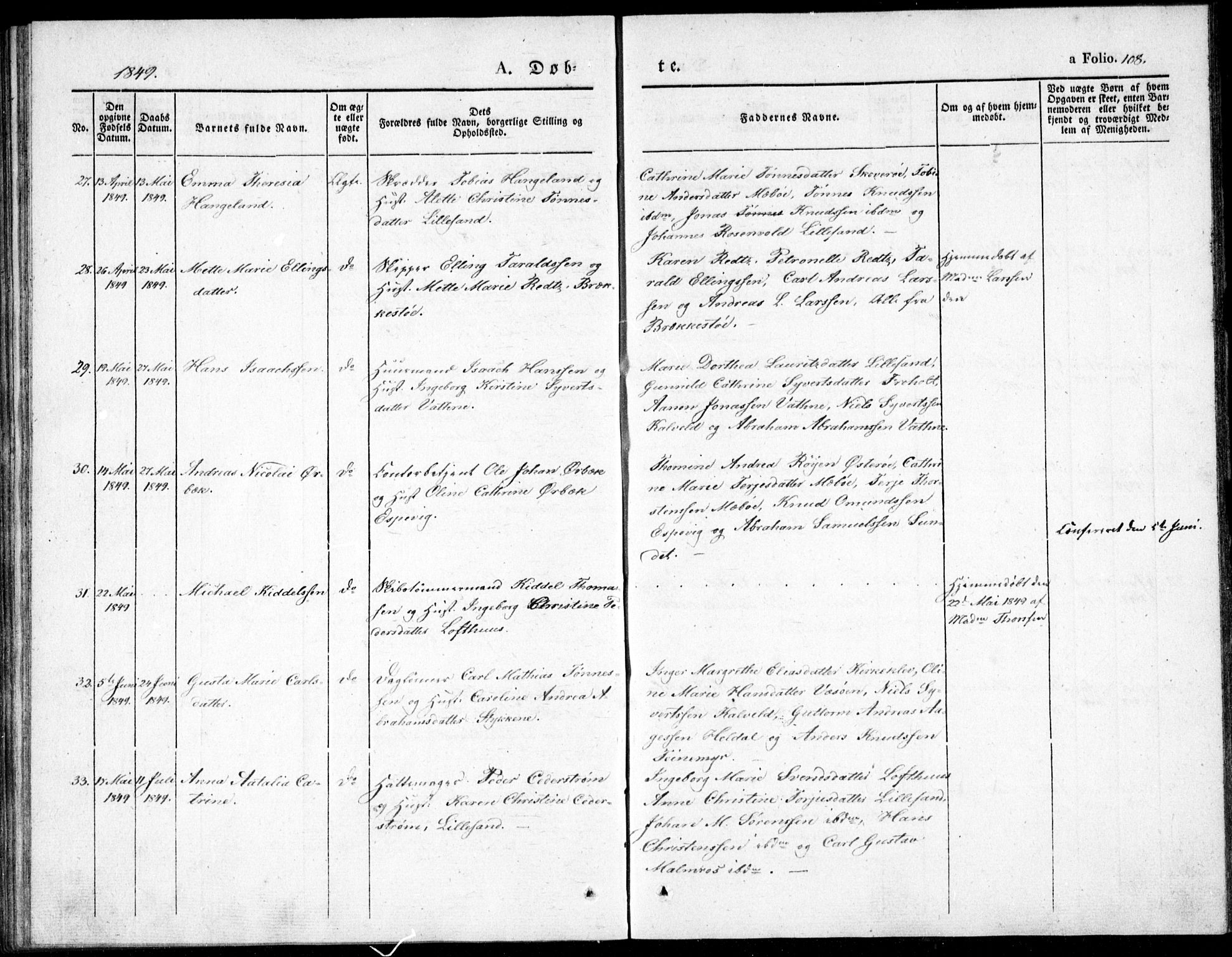 Vestre Moland sokneprestkontor, AV/SAK-1111-0046/F/Fb/Fbb/L0002: Parish register (copy) no. B 2, 1836-1851, p. 108