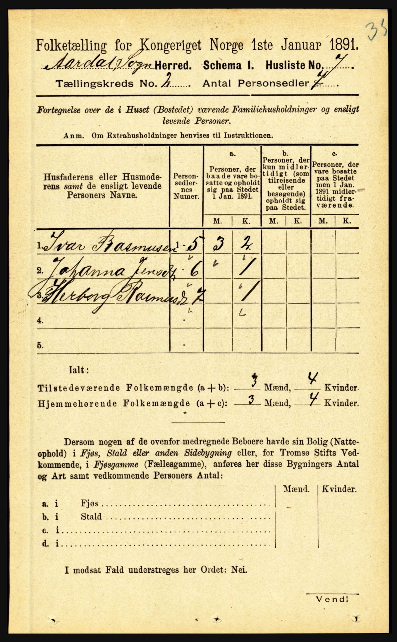 RA, 1891 census for 1424 Årdal, 1891, p. 133