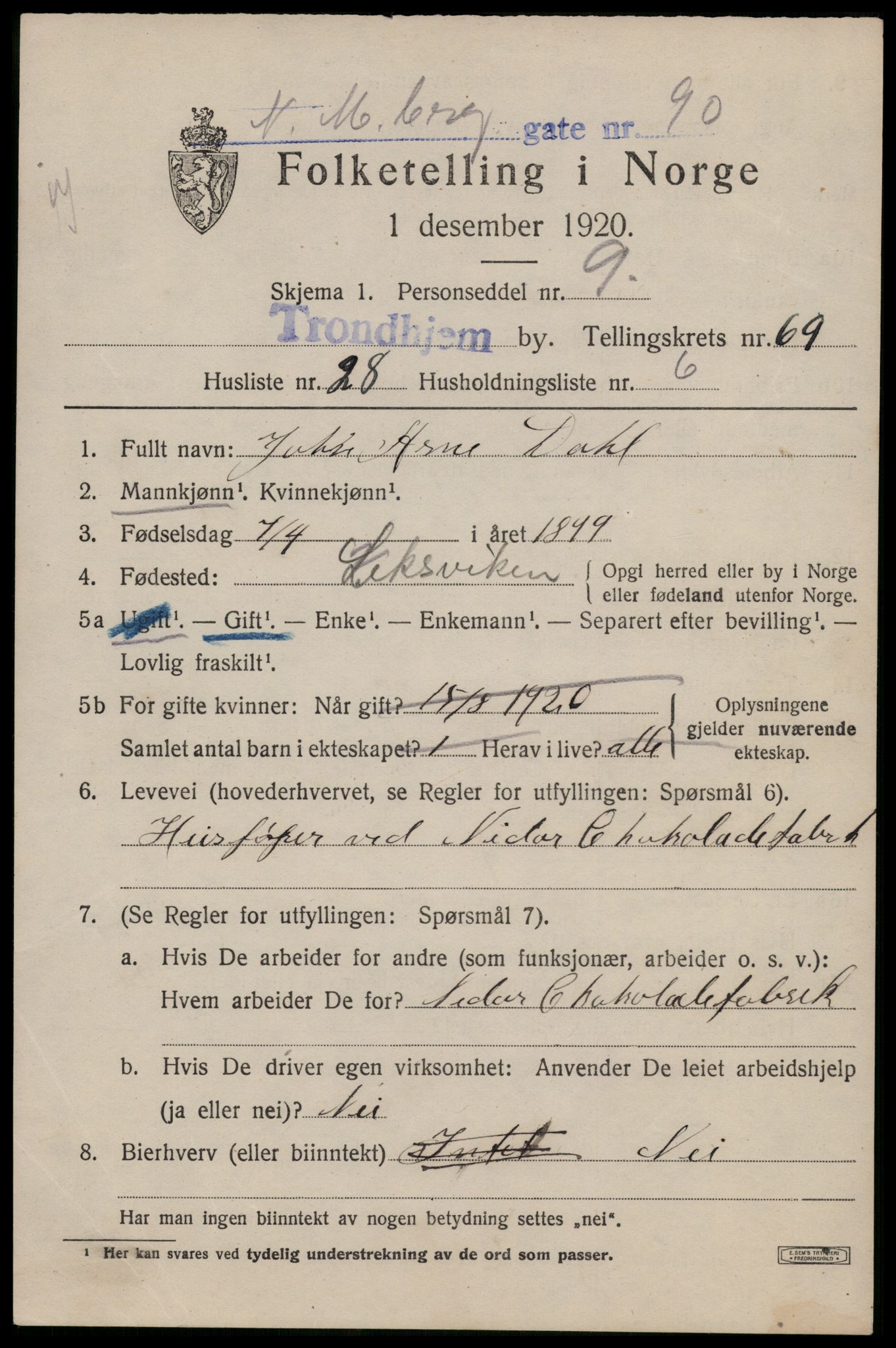 SAT, 1920 census for Trondheim, 1920, p. 137934