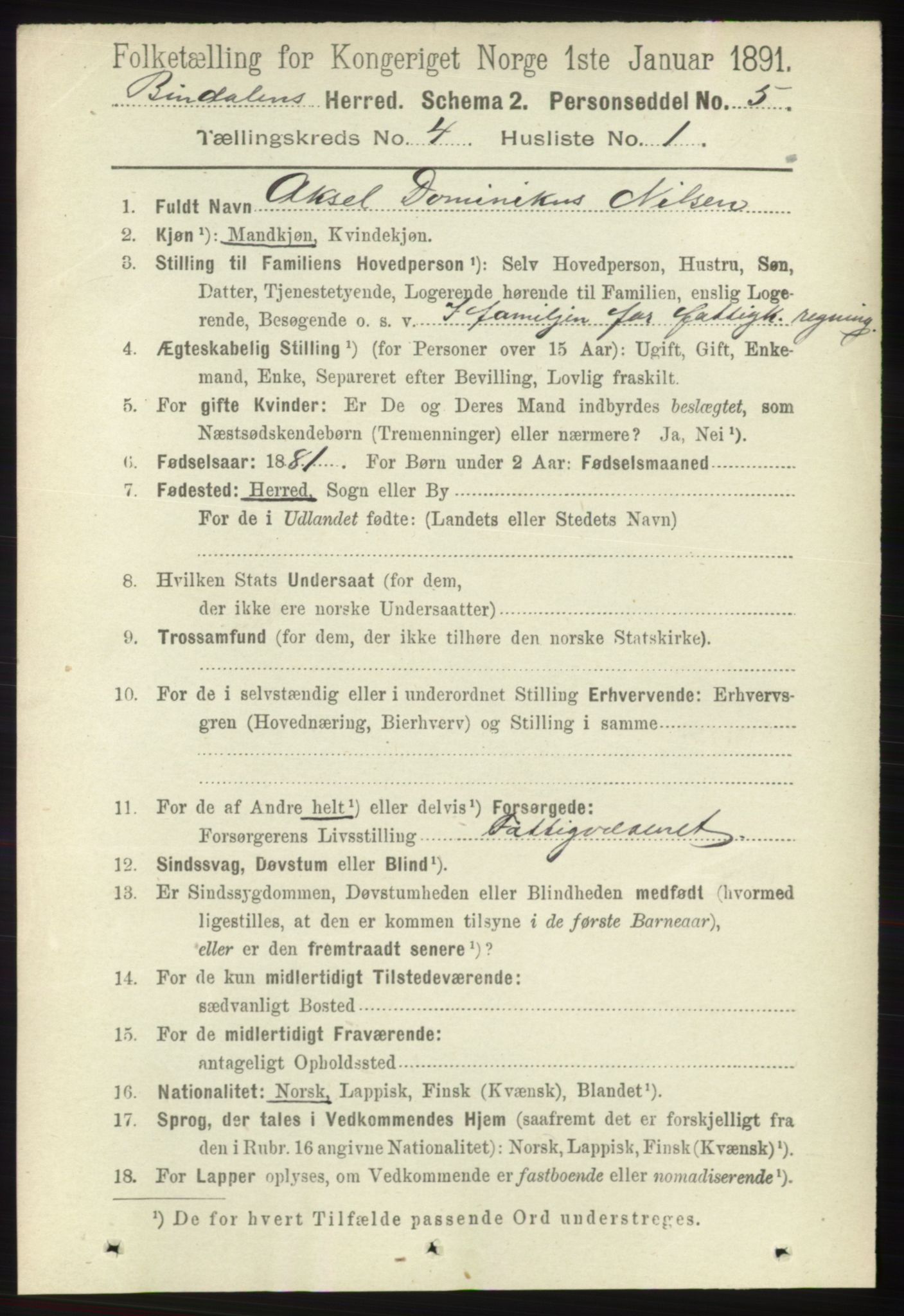 RA, 1891 census for 1811 Bindal, 1891, p. 1039