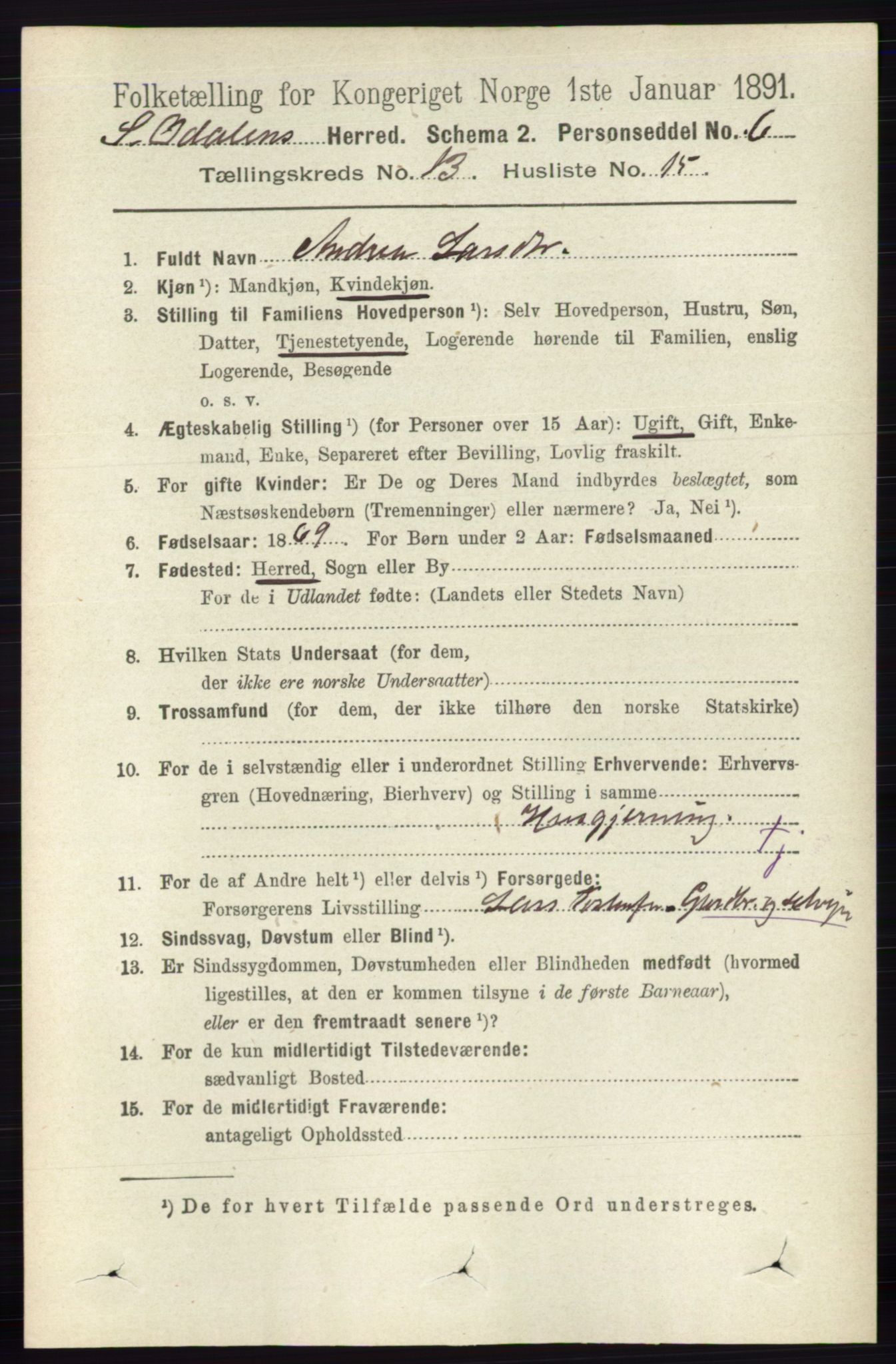 RA, 1891 census for 0419 Sør-Odal, 1891, p. 5670