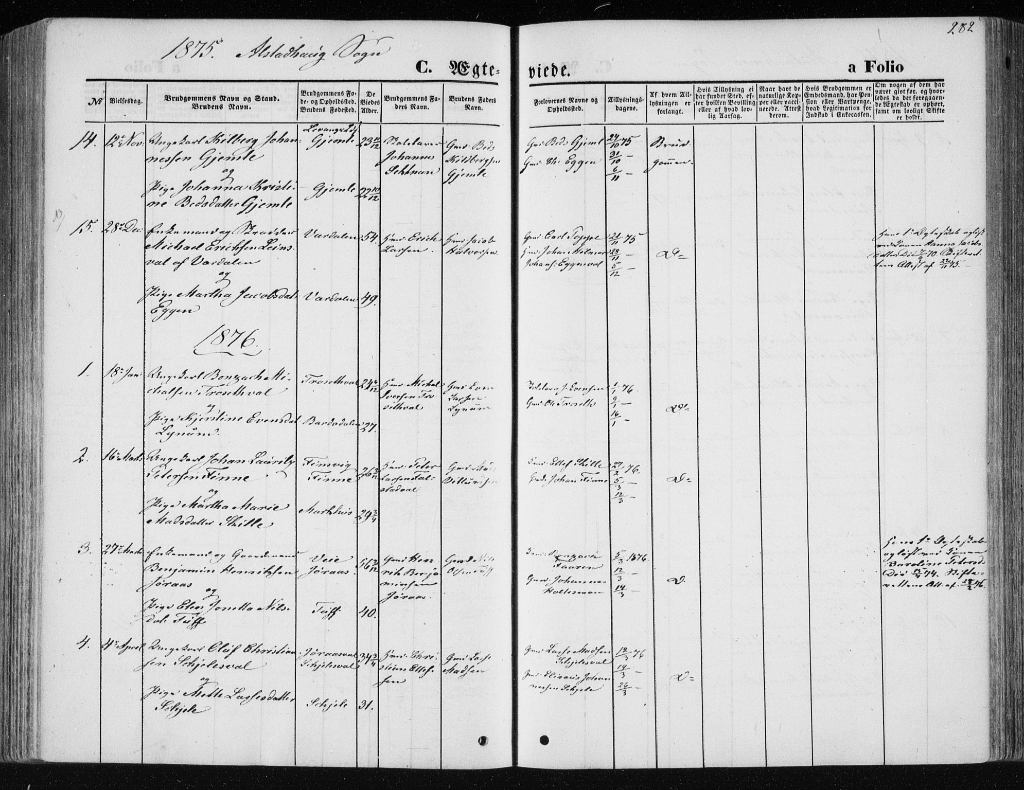 Ministerialprotokoller, klokkerbøker og fødselsregistre - Nord-Trøndelag, SAT/A-1458/717/L0157: Parish register (official) no. 717A08 /1, 1863-1877, p. 282