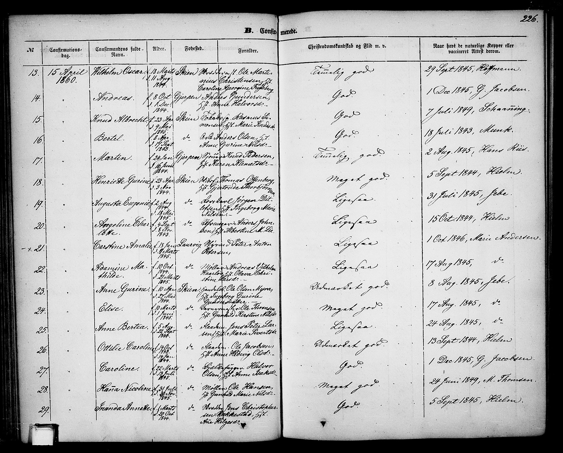 Skien kirkebøker, SAKO/A-302/G/Ga/L0004: Parish register (copy) no. 4, 1843-1867, p. 226