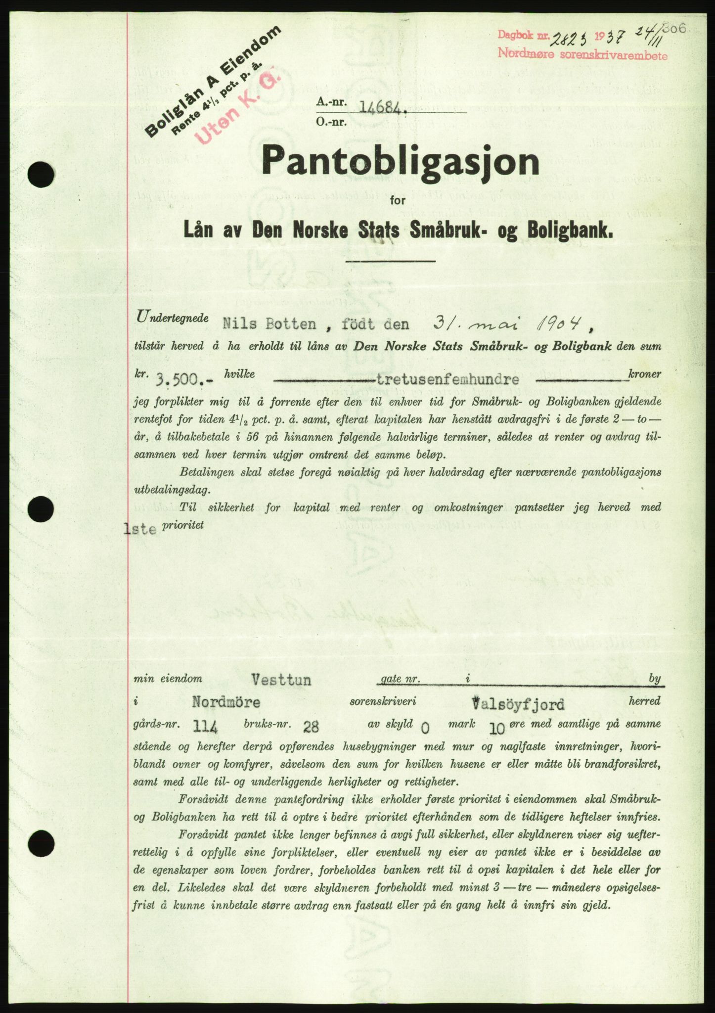 Nordmøre sorenskriveri, AV/SAT-A-4132/1/2/2Ca/L0092: Mortgage book no. B82, 1937-1938, Diary no: : 2823/1937