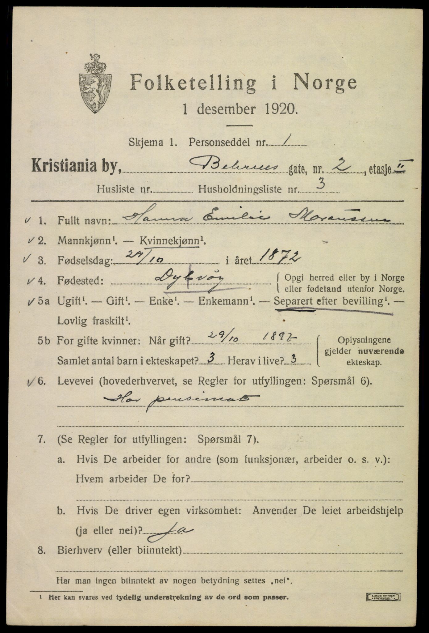 SAO, 1920 census for Kristiania, 1920, p. 150231