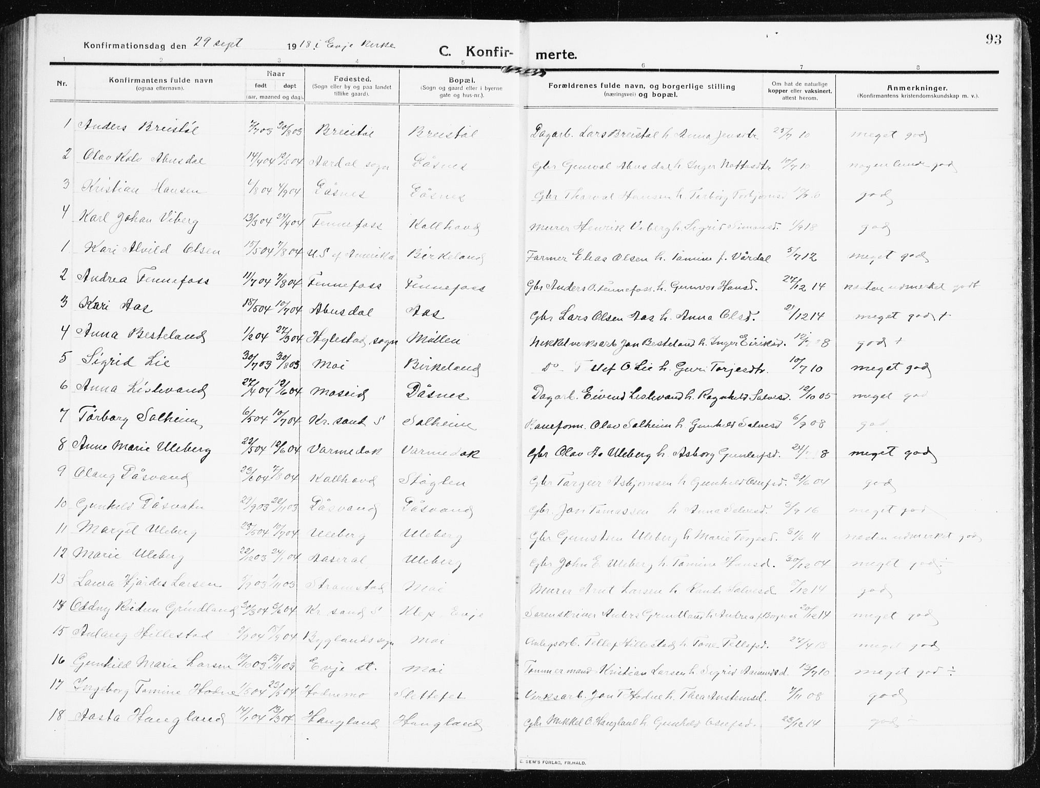 Evje sokneprestkontor, SAK/1111-0008/F/Fb/Fbb/L0003: Parish register (copy) no. B 3, 1910-1933, p. 93