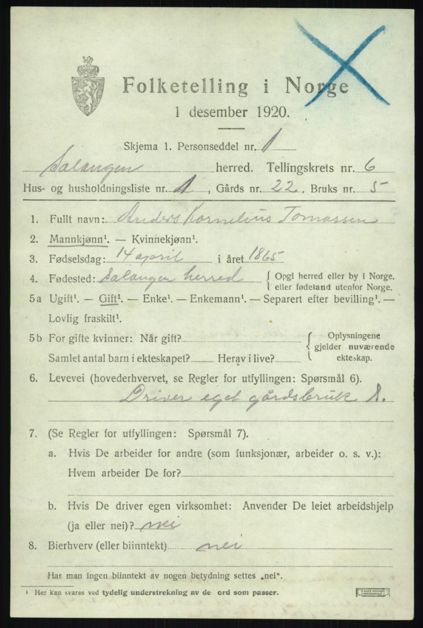 SATØ, 1920 census for Salangen, 1920, p. 4264