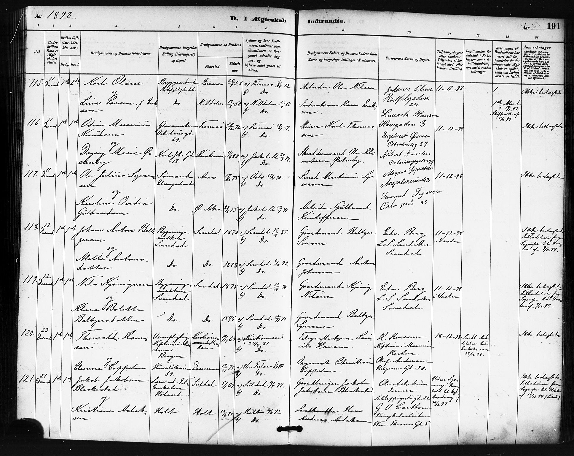 Oslo domkirke Kirkebøker, SAO/A-10752/F/Fa/L0032: Parish register (official) no. 32, 1885-1902, p. 191