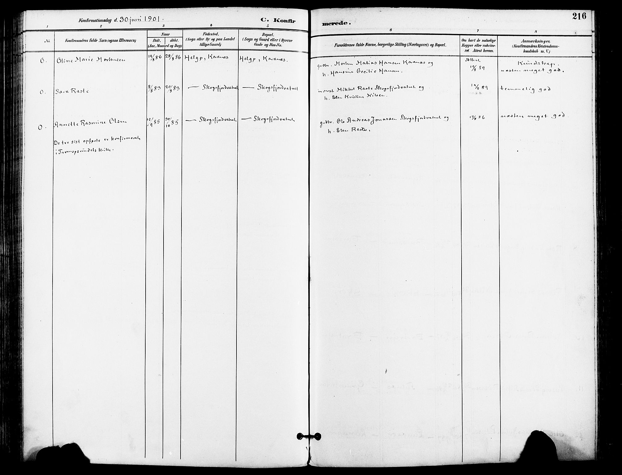 Karlsøy sokneprestembete, AV/SATØ-S-1299/H/Ha/Haa/L0007kirke: Parish register (official) no. 7, 1891-1902, p. 216