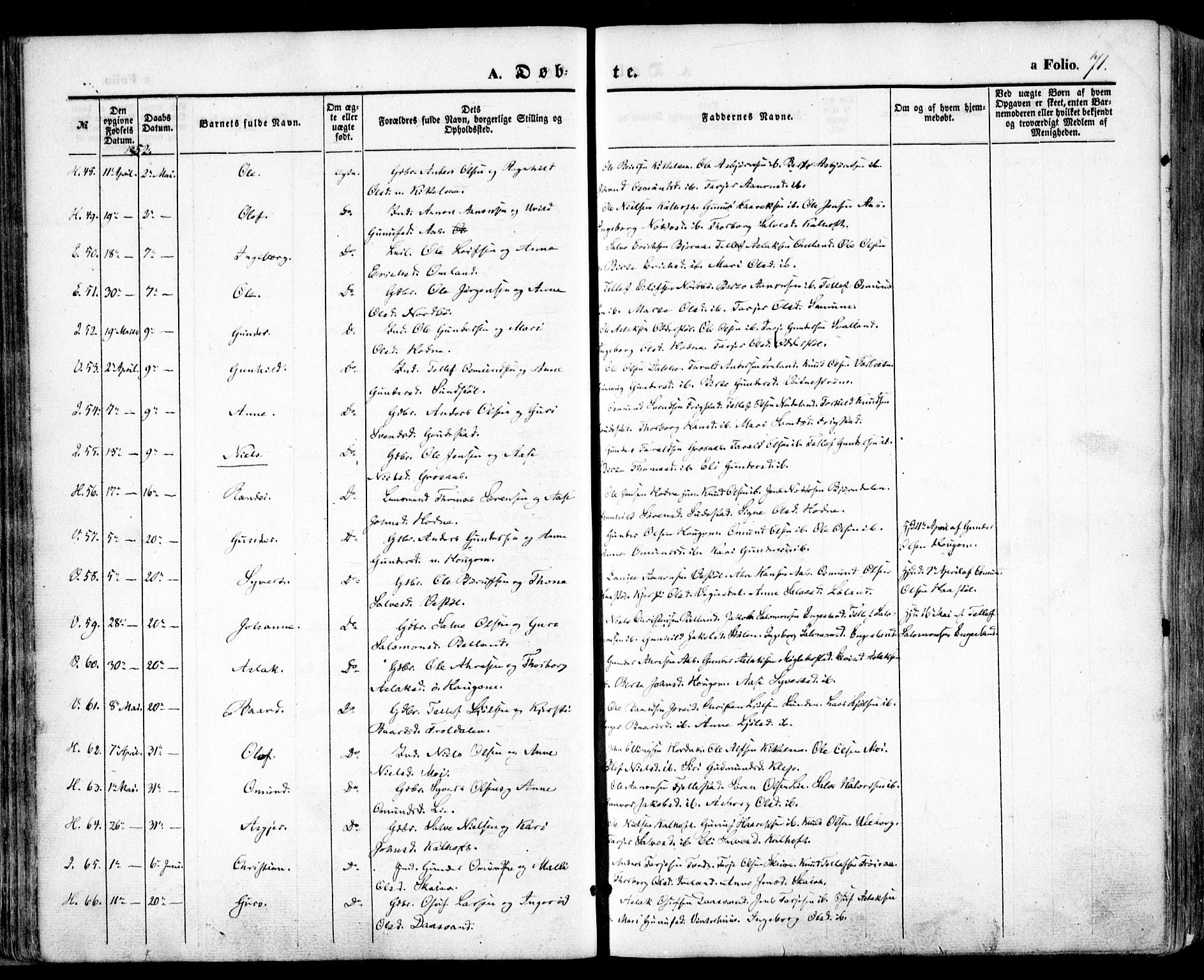 Evje sokneprestkontor, SAK/1111-0008/F/Fa/Faa/L0005: Parish register (official) no. A 5, 1843-1865, p. 71