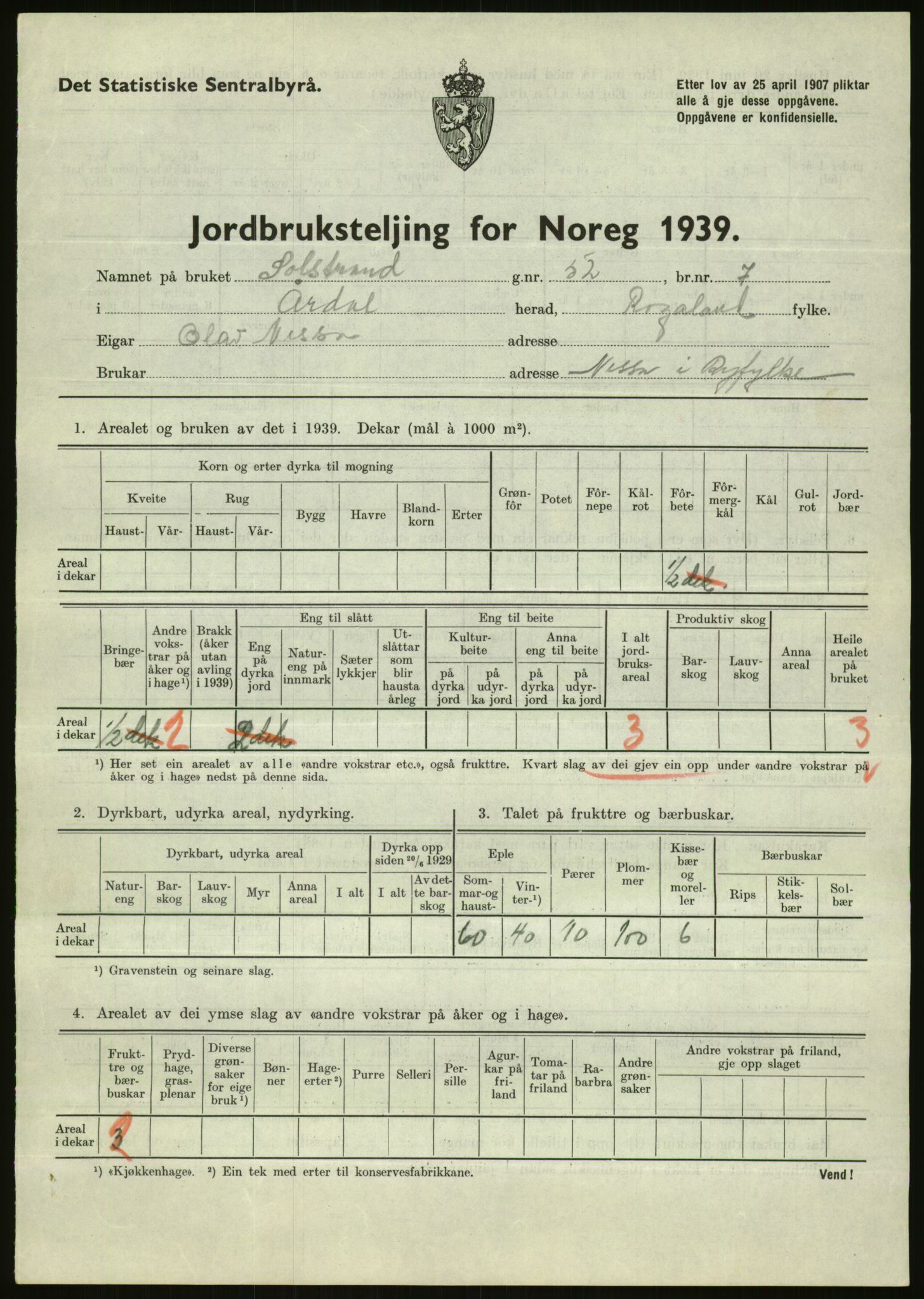 Statistisk sentralbyrå, Næringsøkonomiske emner, Jordbruk, skogbruk, jakt, fiske og fangst, AV/RA-S-2234/G/Gb/L0184: Rogaland: Årdal, Fister og Hjelmeland, 1939, p. 415