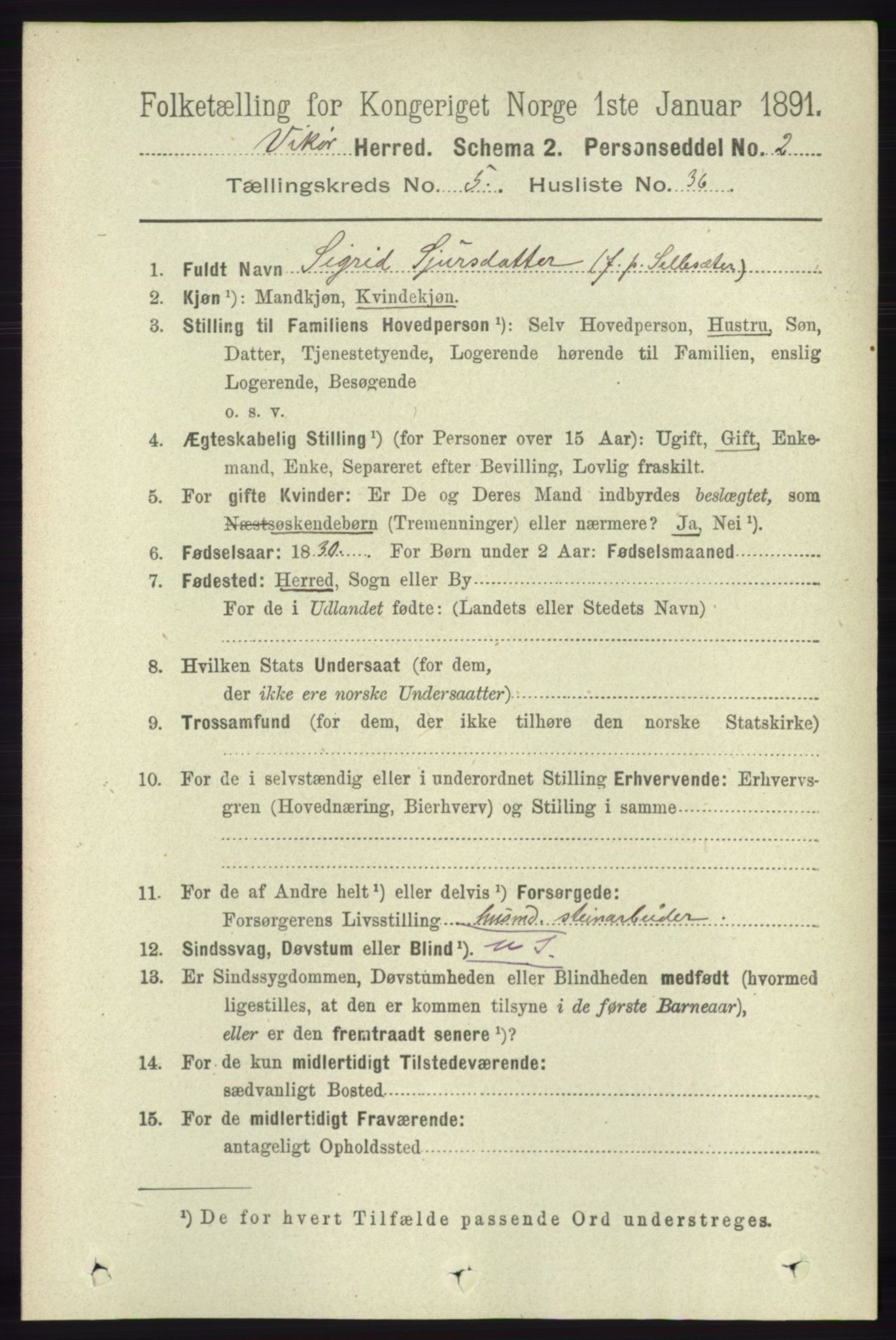 RA, 1891 census for 1238 Vikør, 1891, p. 1602